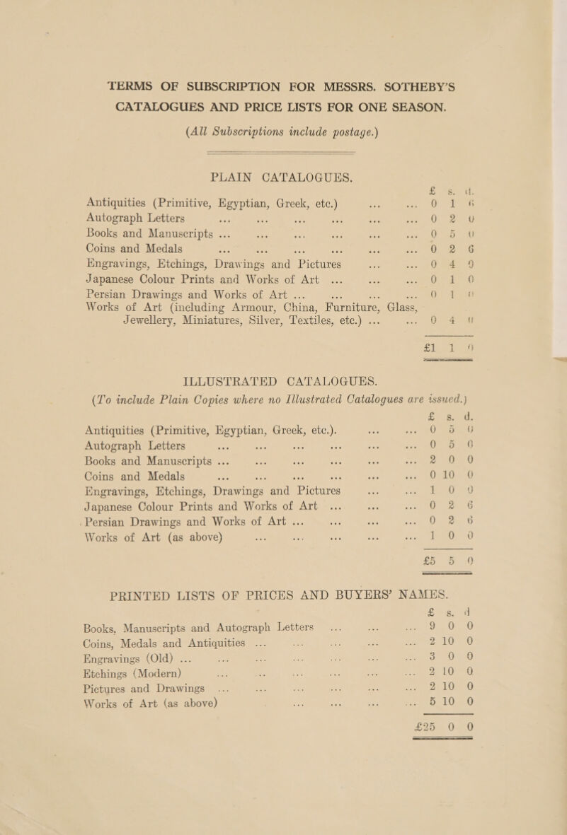 TERMS OF SUBSCRIPTION FOR MESSRS. SOTHEBY’S CATALOGUES AND PRICE LISTS FOR ONE SEASON. (All Subscriptions include postage.)   PLAIN CATALOGUES.  5 spat Antiquities (Primitive, ees Greek, etc.) ame) Beage e d Autograph Letters xr ts) ay eee en (Us ae Books and Manuscripts ... Ue Coins and Medals SH pat as L Kngravings, Etchings, Drawings nd Pines Ais te Ae Japanese Colour Prints and Works of Art ... 25 ee Bie Persian Drawings and Works of Art . 0) Teas Works of Art (including Armour, China, Furniture, Glass, Jewellery, Miniatures, Silver, Textiles, etc.) . ee a Silesia ILLUSTRATED CATALOGUES. (To include Plain Copies where no Illustrated Catalogues are assued.) d. Antiquities (Primitive, sl iaue Greek, etc.). (} Autograph Letters : si Books and Manuscripts ... Coins and Medals Engravings, Etchings, ees and Brieeives Japanese Colour Prints and Works of Art Persian Drawings and Works of Art ... Works of Art (as above) Scr Or =) ‘cans | — KH OoOGgrowdo°owh joak a rw = © S PRINTED LISTS OF PRICES AND BUYERS’ NAMES. ney d Books, Manuscripts and Autograph Letters 020 Coins, Medals and Antiquities 2100 Engravings (Old) ... Sie) SAO Etchings (Modern) tah 10 Pictures and Drawings 2 Oe Works of Art (as above) Dl Oia) 