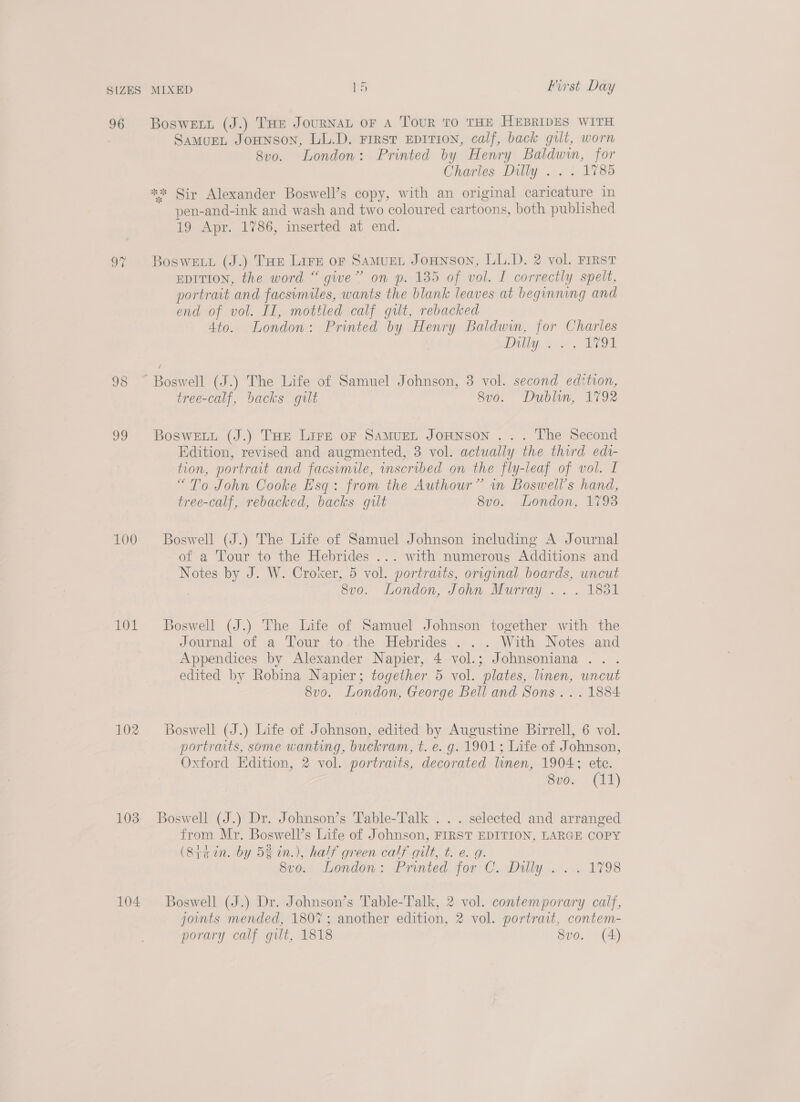96 Bosweti (J.) THE JounnaL oF A Tour To THE HEBRIDES WITH SamuEL JoHnson, LL.D. First EpITIoN, calf, back gilt, worn 8vo. London: Printed by Henry Baldwin, for Charles Dilly... + 1786 ** Sir Alexander Boswell’s copy, with an original ae in pen-and-ink and wash and two coloured cartoons, both published 19 Apr. 1786, inserted at end. 97% BosweEt (J.) THE LIFE OF SAMUEL JOHNSON, LL.D. 2 vol. FIRST EDITION, the word “ give” on p. 135 of vol. I correctly spelt, portrait and facsimiles, wants the blank leaves at beginning and end of vol. II, mottled calf gilt, rebacked 4to. London: Printed by Henry Baldwin, ie Charles Dilip coc, WO 98 Bee ell (J.) The Life of Samuel Johnson, 3 vol. second edztion, tree-calf, backs gilt 8v0. Dublin, 1792 99 Boswett (J.) THe Lire or SamuEt Jonnson . .. The Second Edition, revised and augmented, 3 vol. actually the third edi- tion, portrait and facsimile, inscribed on the fly-leaf of vol. I “To John Cooke Esq: from the Authour” in Boswell’s hand, tree-calf, rebacked, backs gilt 8v0o. London, 1793 100 Boswell (J.) The Life of Samuel Johnson including A Journal of a Tour to the Hebrides ... with numerous Additions and Notes by J. W. Croker, 5 vol. portraits, origynal boards, uncut 8vo. London, John Murray .. . 1831 101 Boswell (J.) The Life of Samuel Johnson together with the Journal of a Tour to.the Hebrides . . . With Notes and Appendices by Alexander Napier, 4 vol.; Johnsoniana.. . edited by Robina Napier; together 5 vol. plates, linen, uncut 8vo. London, George Bell and Sons... 1884: 102 ~=Boswell (J.) Life of Johnson, edited by Augustine Birrell, 6 vol. portraits, some wanting, buckram, t. e. g. 1901; Life of Johnson, Oxford Edition, 2 vol. portraits, decorated linen, 1904; ete. 8vo. (11) 103 Boswell (J.) Dr. Johnson’s Table-Talk . . . selected and arranged from Mr. Boswell’s Life of Johnson, FIRST EDITION, LARGE COPY (8téin. by 52 in.), half green calf gilt, t. e. g. Svo., London: Printed for Co Duly. ... 1798 104 ~=Boswell (J.) Dr. Johnson’s Table-Talk, 2 vol. contemporary calf, joints mended, 1807; another edition, 2 vol. portrait, contem- porary calf gilt, 1818 8vo. (A)