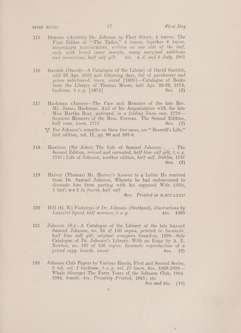 115 Dogsson (Austin) Dr. Johnson in Fleet Street, 4 leaves; The First Editor of “The Tatler,’ 4 leaves, together 8 leaves, HOLOGRAPH MANUSCRIPTS, written on one side of the leaf, only, with broad inner margin, many marginal additions and corrections, half calf gilt 4to. n.d. and 6 July, 1901 116 Garrick (David)—A Catalogue of the Library of David Garrick, sold 23 Apr. 1823 and following days, list of purchasers and prices interleaved, linen, uncut [1823|]—Catalogue of Books from the Library of Thomas Moore, sold Apr. 20-22, 1874, buckram, t. e.g. [1874] 8vo. (2)  117 Hackman (James) Case and Memoirs of the late Rev. , Mr. James Hackman, And of his Acquaintance with the late Miss Martha Reay, unbound, in a folding linen case, 1779— Genuine Memoirs of the Mess. Ferreau. The Second Edition, half roan, worn, 1775 8v0. (2) ** For Johnson’s remarks on these two cases, see “ Boswell’s Life,” first edition, vol. II, pp. 90 and 287-8. 118 Hawkins (Sir John) The Life of Samuel Johnson . .. The Second Edition, revised and corrected, half blue calf gult, t. e. g. 1787; Life of Johnson, another edition, half calf, Dublin, 1787 8v0. (2) 119 Hervey (Thomas) Mr. Hervey’s Answer to a Letter He received from Dr. Samuel Johnson, Wherein he had endeavoured to dissuade him from parting with his supposed Wife (title, 1 leaf; B-E 2 in fours), half calf 8v0. Printed in M.DOC.LXXII 120 Hill (G. B.) Footsteps of Dr. Johnson (Scotland), wlustrations by Lancelot Speed, half morocco, t. e. g. 4to. 1890 121 Johnson (S.)—A Catalogue of the Library of the late learned Samuel Johnson, no. 34 of 150 copies, printed in facsimile, half blue calf gilt, original wrappers bound-in, 1892—Sale Catalogue of Dr. Johnson’s Library. With an Essay by A. E. Newton, no. 107 of 250 copies, facsimile reproduction of a priced copy, boards, uncut evo. (2) 122 Johnson Club Papers by Various Hands, First and Second Series, 2 vol. vol. I buckram, t.e.g. vol. II linen, 8v0, 1899-1920— Whale (George) The Forty Years of the Johnson Club, 1884- 1924, boards, 4to, Privately Printed, 1925; etc. 8vo and Ato. (18) C