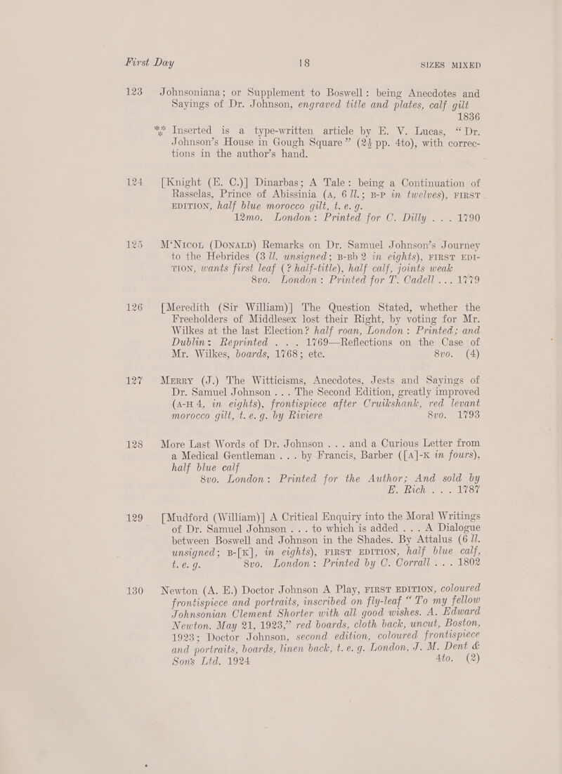 123 126 127 128 130 Johnsoniana; or Supplement to Boswell: being Anecdotes and Sayings of Dr. Johnson, engraved title and plates, calf gilt 1836 , Inserted is a type-written article by E. V. Lucas, “Dr. Johnson’s House in Gough Square” (24 pp. 4to), with correc- tions in the author’s hand. [Knight (i. C.)] Dinarbas; A Tale: being a Continuation of Rasselas, Prince of Abissinia (4, 6 Ul.; B-P in twelves), FIRST - EDITION, half blue morocco guilt, t. e.g. 12mo. London: Printed for C. Duly . .. 1790 M‘Nicont (DonaLp) Remarks on Dr. Samuel Johnson’s Journey to the Hebrides (3 Jl. unsigned; B-Bb 2 in eights), FIRST EDI- TION, wants first leaf (? half-title), half calf, joints weak 8v0. London: Printed for T. Cadell ... 1779 [Meredith (Sir William)|] The Question Stated, whether the Freeholders of Middlesex lost their Right, by voting for Mr. Wilkes at the last Election? half roan, London: Printed; and Dublin: Reprinted . . . 1%769—Reflections on the Case of Mr. Wilkes, boards, 1768; etc. 8v0. (4) Merry (J.) The Witticisms, Anecdotes, Jests and Sayings of Dr. Samuel Johnson ... The Second Edition, greatly improved (a-H 4, in eights), frontispiece after Cruikshank, red levant morocco gilt, t.e.g. by Rwiere 8vo. 1793 More Last Words of Dr. Johnson ... and a Curious Letter from a Medical Gentleman ... by Francis, Barber ([A]-K in fours), half blue calf 8vo. London: Printed for the Author; And sold by ee VVC a OS, [Mudford (William)] A Critical Enquiry into the Moral Writings of Dr. Samuel Johnson . . . to which is added . . . A Dialogue between Boswell and Johnson in the Shades. By Attalus (6 U/. unsigned; B-[K], i eights), FIRST EDITION, half blue calf, caer g. 8vo. London: Printed by C. Corrall : . . 1802 Newton (A. E.) Doctor Johnson A Play, FIRST EDITION, coloured frontispiece and portraits, inscribed on fly-leaf “ To my fellow Tohnsonian Clement Shorter with all good wishes. A. Edward Newton. May 21, 1923,” red boards, cloth back, uncut, Boston, 1923: Doctor Johnson, second edition, coloured frontispiece and portraits, boards, linen back, t. e. 9. London, J. M. Dent &amp; Sons Lid, 1924 Ato. (2)