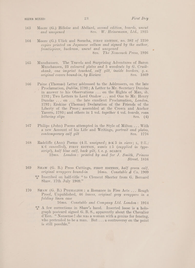 163 164 165 167 168 169 170 Moore (G.) Héloise and Abélard, second edition, boards, uncut and unopened 8v0o. W. Heinemann, Ltd., 1925 Moore (G.) Ulick and Soracha, FIRST EDITION, no. 382 of 1250 copies printed on Japanese vellum and signed by the author, frontispiece, buckram, uncut and unopened 8v0. The Nonesuch Press, 1926 Munchausen. The Travels and Surprising Adventures of Baron Munchausen, 23 coloured plates and 5 woodcuts by G. Crutk- shank, one wnprint touched, calf gilt, wmside borders, g. e. original covers bound-in, by Rwiere 8vo. 1869 Paine (Thomas) Letter addressed to the Addressers, on the late , Proclamation, Dublin, 1792; A Letter to Mr. Secretary Dundas - in answer to his Observations ... on the Rights of Man, 1b. 1792; Two Letters to Lord Onslow ... and One to Mr. Henry Dundas ... on ... the late excellent Proclamation, London, 1792; Erskine (Thomas) Declaration of the Friends of the Liberty of the Press; assembled at the Crown and Anchor Tavern, 1793; and others in 1 vol. together 4 vol. boards, roan lettering slips 8vo. (A) Philips (John) Poems attempted in the Style of Milton ... With a new Account of his Life and Writings, portrait and plates, contemporary calf gilt 8vo. 1776 Radcliffe (Ann) Poems (4 ll. unsigned; B-K 5 in siwes; L, 211.; K 6 cancelled), FIRST EDITION, wants 15 (supplied in type- script), half blue calf, back gilt, t. €. g. SCARCE 12mo. London: printed by and for J. Smith, Princes | Street. 1816 SHAW (G. B.) Press Cuttings, First EDITION, half green calf, original wrappers bound-in 1l6mo. Constable &amp; Co. 1909 ** Inscribed on half-title “to Clement Shorter from G. Bernard Shaw. 17th July 1909.” SHaw (G. B.) Pyemarion: a Romance in Five Acts ... Rough Proof, Unpublished, 46 leaves, original grey wrappers in a folding linen case 1l6mo. Constable and Company Ltd. London: 1914 see x A few corrections in Shaw’s hand. Inserted loose is a holo- graph postcard signed G. B.8., apparently about the Chevalier d’Kon. “ Nonsense! she was a woman with a genius for fencing, who pretended to be aman. But ...a controversy on the point is still possible.”