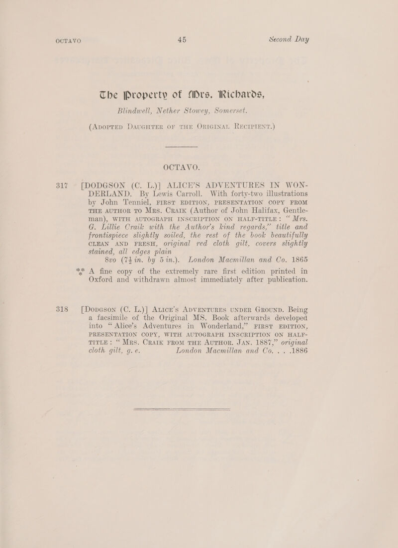The Property of MDrs, Richaros, Blindwell, Nether Stowey, Somerset. (ApoPTED DAUGHTER OF THE ORIGINAL RECIPIENT.) OCTAVO. 317 - [DODGSON (C. L.)] ALICE’S ADVENTURES IN WON- DERLAND. By Lewis Carroll. With forty-two illustrations by John Tenniel, FIRST EDITION, PRESENTATION COPY FROM THE AUTHOR TO Mrs. Crark (Author of John Halifax, Gentle- man), WITH AUTOGRAPH INSCRIPTION ON HALF-TITLE: “ Mrs. G. Inthe Craik with the Author’s kind regards,” title and frontispiece slightly soiled, the rest of the book beautifully CLEAN AND FRESH, original red cloth gilt, covers slightly stained, all edges plain 8vo (7Ein. by 5in.). London Macmillan and Co. 1865 ** A fine copy of the extremely rare first edition printed in Oxford and withdrawn almost immediately after publication. 318 [Dopeson (C. L.)] ALIcE’s ADVENTURES UNDER GROUND. Being a facsimile of the Original MS. Book afterwards developed into “ Alice’s Adventures in Wonderland,” FIRST EDITION, PRESENTATION COPY, WITH AUTOGRAPH INSCRIPTION ON HALF- TITLE: “ Mrs. CRAIK FROM THE AuTHOR. JAN. 1887,” original cloth gilt, g.e. London Macmillan and Co, . . .1886  