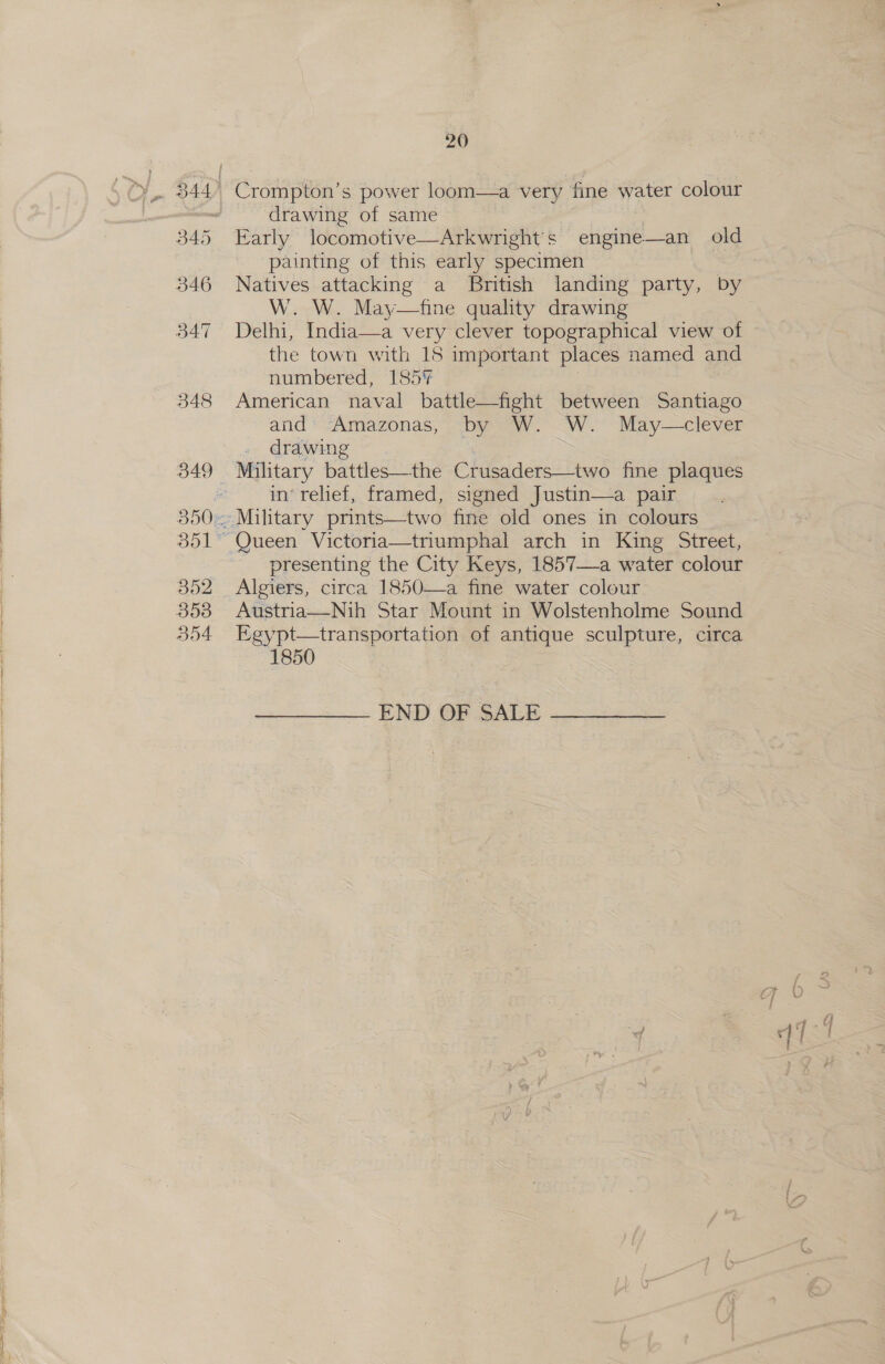 348 349 352 353 354 20 Crompton’s power loom—a very fine water colour drawing of same | | Early locomotive—Arkwright’s engine—an old painting of this early specimen Natives attacking a British landing party, by W. W. May—fine quality drawing Delhi, India—a very clever topographical view of the town with 18 important places named and numbered, 185% American naval battle—fight between Santiago and “Amazonas, by W. W. May—clever drawing Military battles—the Crusaders—two fine plaques in’ relief, framed, signed Justin—a pair Military prints—two fine old ones in colours Queen Victoria—triumphal arch in King Street, presenting the City Keys, 1857—a water colour Algiers, circa 1850—a fine water colour Austria—Nih Star Mount in Wolstenholme Sound Egypt—transportation of antique sculpture, circa 1850   END OF SALE