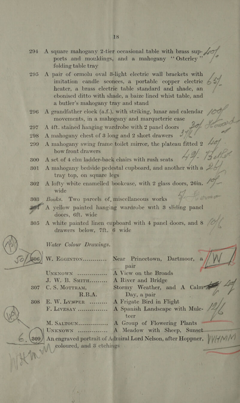 294 A square mahogany 2-tier occasional table with brass sup- feo ports and mouldings, and a mahogany ‘“‘ Osterley ”’ . folding table tray 295 &lt;A pair of ormolu oval 3-light electric wall brackets with / imitation candle sconces, a portable copper electric $Y heater, a brass electric table standard and shade, an / ebonised ditto with shade, a baize lined whist table, and a butler’s mahogany tray and stand 296 &lt;A grandfather clock (a.f.), with striking, lunar and calendar fCFD movements, in a mahogany and marqueterie case / UF7 297 A 4ft. stained hanging wardrobe with 2 panel doors P Pf (i or, 298 A mahogany chest of 3 long and 2 short drawers « Ye! ons 299 A mahogany swing frame toilet mirror, the plateau fitted 2 hi of . bow front drawers ) | L WY tf f, Pa 300 A set of 4 elm ladder-back chairs with rush seats 7 7 eee é he 301 A mahogany bedside pedestal cupboard, and another with a “ &amp; j tray top, on square legs A 302 A lofty white enamelled bookcase, with 2 glass doors, 26in. / T_- wide ef gee ee 303 Buvks. Two parcels of, miscellaneous works : d aot A yellow painted hanging wardrobe with 3 sliding panel - doors, 6ft. wide 305 &lt;A white painted linen cupboard with 4 panel doors, and 8 /¢ 7/ drawers below, 7ft. 6 wide Q () Water Colour Drawings. : \  | —e_ a CD) W. EGGINTON..........6. Near Princetown, Dartmoor, a / WV | /§ f  are pair Yi LINKNO WN hi apy epbenaie A View on the Broads ad. Wie. Ss «we A River and Bridge YL 307 C.S. Mottram, Stormy Weather, and A Calm, ys R.B.A. Day, a pair 308 E. W. Lymper ......... A Frigate Bird in Flight f y ay I’. LIVESAY viagage &lt;-&gt;. A Spanish Landscape with Mule- Jf \\x ye teer VY se M. SALTOUN....ccses00000 A Group of Flowering Plants =~ : ) UNKMOWN, hckiiae sonie&gt; +&gt; A. Meadow with Sheep, Sunset————--r 6 _\809/| An engraved portrait of Admiral Lord Nelson, after Hoppner, WWM } WA rag oom. A (\ coloured, and 6 etchings . | &gt; pean oi Pi} om ; + : ; : 7 lll