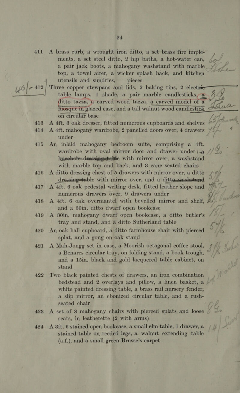 411 413 414 415 416 ALT 418 419 420 421 422 423 424 24 A brass curb, a wrought iron ditto, a set brass fire imple- ments, a set steel ditto, 2 hip baths, a hot-water can, (5 a pair jack boots, a mahogany washstand with marble _» top, a towel airer, a wicker splash back, and kitchen utensils and sundries, _ pieces Three copper stewpans and lids, 2 baking tins, 2 SleCle table lamps, 1 shade, a pair marble banister ditto tazza, a carved wood tazza, a carved model of a 7 Thosque i in glazed case, and a tall walnut wood candlestick Chi on, Tarcuar base y A 4ft. 3 oak dresser, fitted numerous cupboards and shelves # 1 /  A 4ft. mahogany wardrobe, 2 panelled doors over, 4 drawers under An inlaid mahogany bedroom suite, comprising a 4ft. wardrobe with oval mirror door and drawer under ;-3 / knechote-.daessingeteble with mirror over, a washstand | with marble top and back, and 3 cane seated chairs A ditto dressing chest of 5 drawers with mirror over, a ditto /-» _dressing=teble with mirror over, and.a ditte.washstend “D&gt;, A 4ft. 6 oak pedestal writing desk, fitted leather slope and Uy numerous drawers over, 9 drawers under | A 4ft. 6 oak overmantel with bevelled mirror and spe and a 30in. ditto dwarf open bookcase re, A 30in. mahogany dwarf open bookcase, a ditto butler’s y of tray and stand, and a ditto Sutherland table fi. An oak hall cupboard, a ditto farmhouse chair with pierced ~ (5 splat, and a gong on oak stand | arr A Mah-Jongg set in case, a Moorish octagonal coffee stool, ¢/ a Benares circular tray, on folding stand, a book trough, ~ //S and a 15in. black and gold lacquered table cabinet, on stand Two black painted chests of drawers, an iron combination bedstead and 2 overlays and pillow, a linen basket, a white painted dressing table, a brass rail nursery fender, a slip mirror, an ebonized circular table, and a rush- seated chair 1) A set of 8 mahogany chairs with pierced splats and loose / to seats, in leatherette (2 with arms) A 3ft. 6 stained open bookcase, a small elm table, 1 drawer,a / { +. stained table on reeded legs, a walnut extending table (a.f.), and a small green Brussels carpet