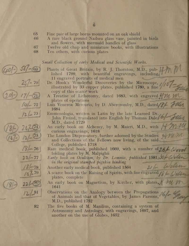 65 66 67 68 ) f-es “4 2$ /- /~ 70| ee i           Fine pair of large horns mounted on an oak anieva A rare black ground Nailsea glass vase, painted in birds and flowers, with mermaid handles of glass Twelve old chap and miniature books, with illustrations Ten others, with curious plates Plants of Great Britain, by R.-J. Thornton, MD.. Bu EM py lished 1799, with banat engravings, pou : 11 engraved portraits of medical men ee  illustrated by 33 copper plates, published 1780, a ihe g copy of this scarcé' work | onscmmn Fenn A Treatise of Lithotomy, dated 1683, with engraved 7M WL plates ol operatione mem. {i 0 (le) Sr estat Luis Veneree Mercurio, By D. Abercromby, M.D. te ZA 1684 Emmenologia, written in Latin by the late Learned Ry John Freind, translated into English by Thomas Dales M.D., dated 1729 } An early book on Alchemy, by M. Maieri, M.D., with curious engravings, 1618 a The London Dispensatory, further adorned by the Studion ey Whe and Collections of the Fellows now living, of the said of College, published 1718 © manaarticcnen seer Rare medical book, published 1669, with a number of of 26h Ol ee folding plates by M. Malpighi ee eres Early book on Ocultism, by Dr. Lemnio, published 1581 Nop G/lae, in the original stamped pigskin binding siceaay Tit) pat RY Another early medical book, published 1564 bef fer in A scarce book on the Raising of Spirits, with fine engraved , we ef ee plates, complete An early book on Magnetism, by Kircher, arth Platesnf 24 1641 Observations on the Analogy between the Propagate, v4 “ of Animals and that of Vegetables, by James Parsons, M.D., published 1752: WE ere ot iat ST BH Astronomy and Astrology, with engravings, 1697, and another on the use of Globes, 1652. :