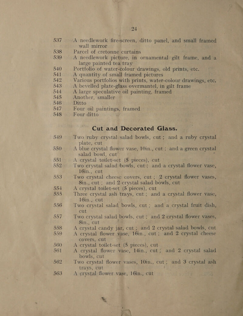 A needlework fires -screen, ditto panel, and small framed wall mirror Parcel of cretonne curtains | A needlework picture, in ornamental gut frame, and a large painted tea tray Portfolio of water-colour drawings, old prints, etc. A quantity of small framed pictures Various portfolios with prints, water-colour drawings, etc. A bevelled plate-glass overmantel, in gilt frame A large speculative oil painting, framed Another, smaller Ditto | : Four oil paintings, framed Four ditto Cut and Decorated Glass. Two ruby crystal salad bowls, cut; and a ruby crystal plate, cut salad bowl, cut A crystal toilet-set (5 pieces), cut Two crystal salad bowls, cut; anda ae | flower vase, 16in., cut Two crystal cheese covers, cut; 2 crystal flower vases, 8in., cut ; and 2 crystal salad bowls, cut A crystal toilet-set (5 pieces), cut Three crystal ash trays, cut; anda cena flower vase, 1G6in., cut ) Two crystal salad bowls, cut; and a crystal fruit dish, cut Two crystal salad bowls, cut ; and 2 crystal flower vases, 8in., cut . ) A crystal candy jar, cut; and 2 crystal salad bowls, cut A crystal flower vase, 16in., cut ; and 2 crystal cheese covers, cut A crystal toilet-set (5 pieces), cut A crystal flower vase, 14in., cut; and 2 crystal salad bowls, cut trays, cut A crystal flower vase, 16in., cut fous