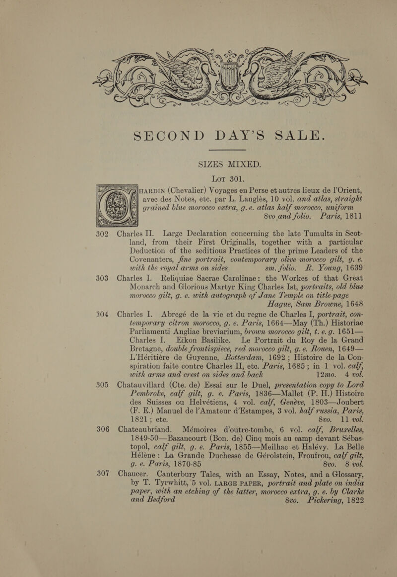  SIZES MIXED. Lot 301. HARDIN (Chevalier) Voyages en Perse et autres lieux de |’Orient, avec des Notes, etc. par L. Langleés, 10 vol. and atlas, straight grained blue morocco extra, g.eé. atlas half morocco, uniform 8vo and folio. Paris, 1811   302 Charles IJ. Large Declaration concerning the late Tumults in Scot- land, from their First Originalls, together with a particular Deduction of the seditious Practices of the prime Leaders of the Covenanters, fine portrait, contemporary olive morocco gilt, g. é. with the royal arms on sides sm. folio. R. Young, 1639 303 Charles I. MReliquiae Sacrae Carolinae: the Workes of that Great Monarch and Glorious Martyr King Charles Ist, portraits, old blue morocco gilt, g. e. with autograph of Jane Temple on title-page Hague, Sam Browne, 1648 304 Charles I. Abregé de la vie et du regne de Charles I, portrazt, con- temporary citron morocco, g. e. Paris, 1664—May (Th.) Historiae Parliamenti Angliae breviarium, brown morocco gilt, t. e.g. 1651— Charles I. ikon Basilike. Le Portrait du Roy de la Grand Bretagne, double frontispiece, red morocco gilt, g.e. Rouen, 1649— L’Héritiére de Guyenne, Rotterdam, 1692; Histoire de la Con- spiration faite contre Charles II, etc. Paris, 1685; in 1 vol. calf, with arms and crest on sides and back 12mo. 4 vol. 305 Chatauvillard (Cte. de) Essai sur le Duel, presentation copy to Lord Pembroke, calf gilt, g. e. Paris, 1836—Mallet (P. H.) Histoire des Suisses ou Helvétiens, 4 vol. calf, Genéve, 1803—Joubert (F. E.) Manuel de Amateur d’Estampes, 3 vol. half russia, Paris, 1821; ete. 8vo. 11 vol. 306 Chateaubriand. Mémoires d’outre-tombe, 6 vol. calf, Bruzelles, 1849-50—Bazancourt (Bon. de) Cinq mois au camp devant Sébas- topol, calf gilt, g. e. Paris, 1855—Meilhac et Halévy. La Belle Hélene: La Grande Duchesse de Gérolstein, Froufrou, calf gilt, g. é. Paris, 1870-85 8vo. 8 vol. 307 Chaucer. Canterbury Tales, with an Essay, Notes, and a Glossary, by T. Tyrwhitt, 5 vol. LARGE PAPER, portrait and plate on india paper, with an etching of the latter, morocco extra, g. e. by Clarke and Bedford 8vo. Pickering, 1822