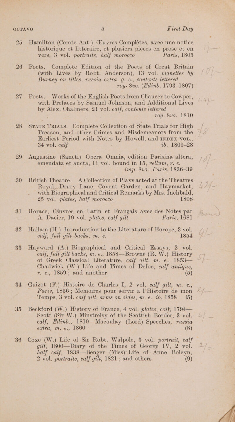 25 Hamilton (Comte Ant.) Gluvres Completes, avec une notice historique et litteraire, et plusiers pieces en prose et en vers, 3 vol. portraits, half morocco Paris, 1805 26 Poets. Complete Edition of the Poets of Great Britain (with Lives by Robt. Anderson), 13 vol. vignettes by Burney on titles, russia extra, g. e., contents lettered roy. 8vo. (Hdinb. 1793-1807) 27 Poets. Works of the English Poets from Chaucer to Cowper, with Prefaces by Samuel Johnson, and Additional Lives by Alex. Chalmers, 21 vol. calf, contents lettered roy. 8vo. 1810 28 SratTe TRIALS. Complete Collection of State Trials for High Treason, and other Crimes and Misdemeanors from the Earliest Period with Notes by Howell, and INDEX VOL., 34 vol. calf 1b. 1809-28 29 Augustine (Sancti) Opera Omnia, edition Parisina altera, emendata et aucta, 11 vol. bound in 15, vellum, r. e. imp. 8vo. Paris, 1836-39 30 British Theatre. A Collection of Plays acted at the Theatres Royal,..Drury Lane, Covent Garden, and Haymarket, with Biographical and Critical Remarks by Mrs. Inchbald, 25 vol. plates, half morocco 1808 31 Horace, Giuvres en Latin et Frangais avec des Notes par A. Dacier, 10 vol. plates, calf gilt Paris, 1681 32 Hallam (H.) Introduction to the Literature of Europe, 3 vol. calf, full gilt backs, m. e. 1854 33 Hayward (A.) Biographical and Critical Essays, 2. vol. calf, full gilt backs, m. e., 1858—-Browne (R. W.) History Chadwick (W.) Life and Times of Defoe, calf antique, r. e., 1859; and another (5) 34 Guizot (F.) Histoire de Charles I, 2 vol. calf gilt, m. e., _ Paris, 1856; Memoires pour servir a |’Histoire de mon Temps, 3 vol. calf gilt, arms on sides, m. e., ib. 1858 — {5) 35 Beckford (W.) History of France, 4 vol. plates, calf, 1794— Scott (Sir W.) Minstrelsy of the Scottish Border, 3 vol. calf, Hdinb., 1810—Macaulay (Lord) Speeches, russia extra, m. e., 1860 (8) gilt, 1800—Diary of the Times of George IV, 2 vol. half calf, 1838—Benger (Miss) Life of Anne Boleyn, 2 vol. portraits, calf gilt, 1821 ; and others (9)