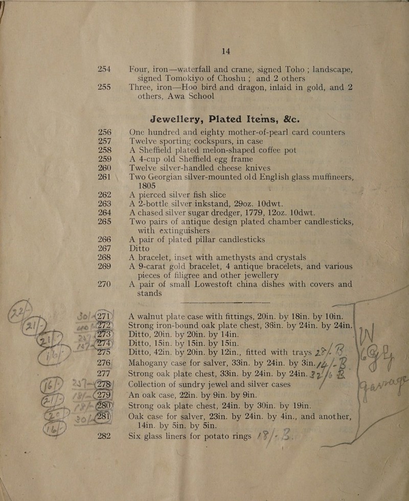 at , ; ie Fy ral a 14 Four, iron—waterfall and crane, signed Toho ; landscape, signed Tomokiyo of Choshu ; and 2 others: Three, iron—Hoo bird and dragon, inlaid in gold, and 2 others, Awa School Jewellery, Plated Items, &amp;c. One hundred and eighty mother-of-pearl card counters Twelve sporting cockspurs, in case A Sheffield plated melon-shaped coffee pot A 4-cup old Sheffield egg frame — Twelve silver-handled cheese knives . Two Georgian silver-mounted old English glass muffineers, oe 1805 _ A pierced silver fish slice . ee A 2-bottle silver inkstand, 290z. 10dwt. A chased silver sugar dredger, 1779, 120z. 10dwt. Two pairs of antique design plated chamber candlesticks, with extinguishers | A pair of plated pillar candlesticks Ditto A bracelet, inset with amethysts and crystals A 9-carat gold bracelet, 4 antique bracelets, and various | pieces of filigree and other jewellery , A pair of small Lowestoft china dishes with covers and nly = stands ae ———— rr ee   A walnut plate case with fittings, 20in. by 18in. by 10in. Strong iron-bound oak plate chest, 36in. by 24in. by 24in. Ditto, 20in. by 20in. by 14in. Ditto, 15in. by 15in. by 15in. Ditto, 42in. by 20in. by 12in., fitted with trays 2* o/ Q- Mahogany case for salver, 33in. by 24in. by 3in.s 4) f BR Strong oak plate chest, 33in. by 24in. by 24in. 23 i] B Collection of sundry jewel and silver cases An oak case, 22in. by 9in. by Qin. { j Strong oak plate chest, 24in. by 30in. by 19in. pt Oak case for salver, 23in. by 24in. ry 4in., and another, 14in. by 5in. by 5in. Six glass liners for ade rings / ¥/ « (5. a