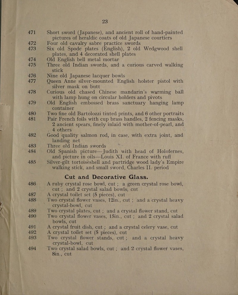 a -  471 472 473 474 475 476 477 478 479 480 481 482 483 484 485 487 488 489 490 49] 492 493 494 23 Short sword (Japanese), and ancient roll of hand-painted pictures of heraldic coats of old Japanese courtiers Four old cavalry sabre practice swords | Six old Spode plates (English), 2 old Wedgwood shell _ plates, and 4 decorated shell plates Three old Indian swords, and a curious carved walking stick Nine old Japanese lacquer bowls Queen Anne silver-mounted English holster pistol with silver mask on butt © Curious old chased Chinese mandarin’s warming ball with lamp hung on circular holders and. pivots Old English embossed brass sanctuary hanging lamp container Two fine old Bartolozzi tinted prints, and 6 other portraits Pair French foils with cup brass handles, 2 fencing masks, 2 ancient spears, finely inlaid with mother-of-pearl, and 4 others Good quality salmon rod, in case, with extra joint, and oe net Three old Indian swords Old Spanish picture—Judith with head of Holofernes, and picture in oils—Louis XI. of France with ruff Silver-gilt tortoiseshell and partridge wood lady’s Empire walking stick, and small sword, Charles II. period Cut and Decorative Glass. A ruby crystal rose bowl, cut ; a green crystal rose bowl, cut ; and 2 crystal salad bowls, cut A crystal toilet set (5 pieces), cut crystal-bowl, cut Two crystal plates, cut; anda deyeual flower stand, cut Two crystal flower vases, 15in., cut ; and 2 crystal salad bowls, cut A crystal fruit dish, cut; and a crystal celery vase, cut A crystal toilet set (5 pieces), cut Two crystal flower stands, cut ;. and a crystal heavy crystal-bowl, cut 8in., cut