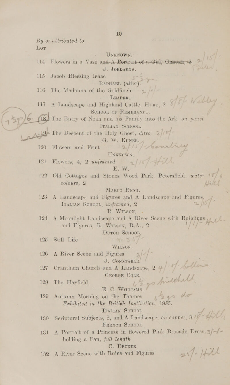  124 UNKNOWN. J. JORDAENS. Jacob Blessing Isaac RAPHAEL reat The Madonna of the Goldfinch LLBADER. A Landscape and Highland Cattle, Hurr, 2 SCHOOL OF REMBRANDT. ITALIAN SCHOOL. The Descent of the Holy Ghost, ditto G. W. Kuner. ; Flowers and Fruit af /3 /<oemrtwy UNKNOWN. | Flowers, 4, 2 unframed iE, W. Old Cottages and Stones Wood Park, Petersfield colours, 2 Marco Ricct. ITALIAN SCHOOL, unframed, 2 R. Winson, and Figures, R. Wiison, R.A., DutcH oo, Still Life a4/ WILSON. A River Scene and Figures J. Constasin! Grantham Church and A Landscape, 2) ¥ GEORGE COLE. B. C. WriiiiaMs. Autumn Morning on the Thames ay Exhibited in the British Institution, 1855. TTantan ScHoon. Scriptural Subjects, 2, and. A Landscape, on copper, FRENCH SCHOOL. Q o holding a Fan, full length C. DECKER. A River Scene with Ruins and Figures =
