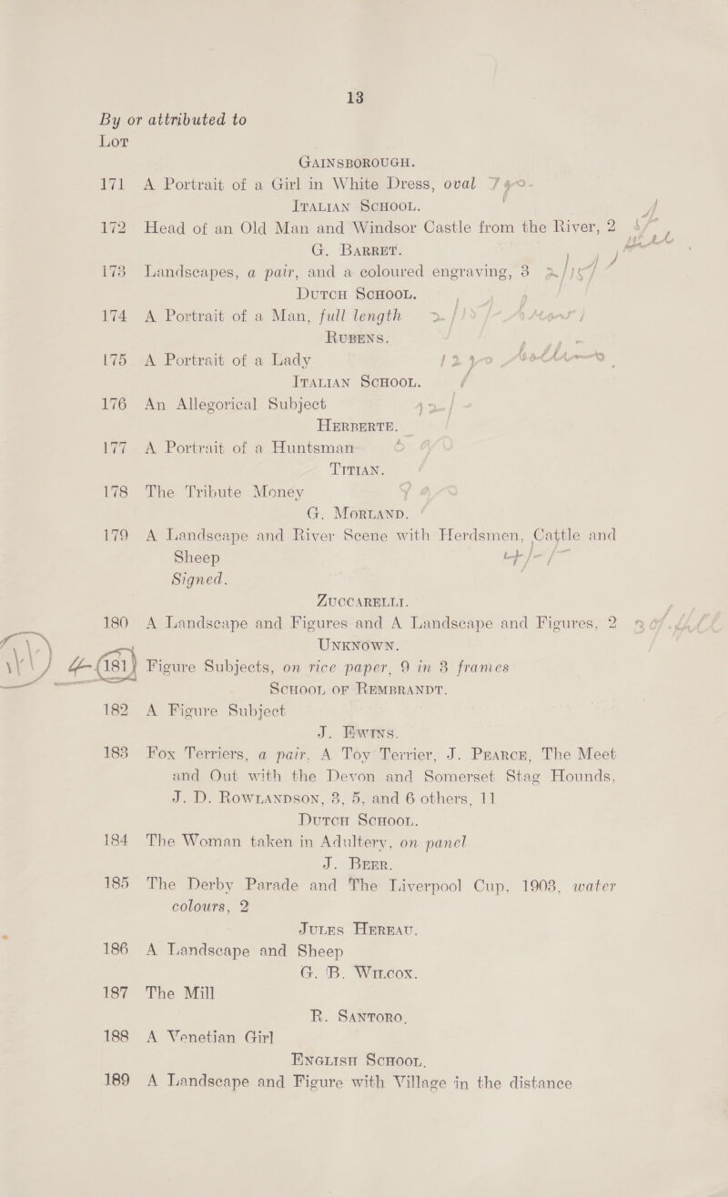 13 By or attributed to Lot GAINSBOROUGH. 171 A Portrait of a Girl in White Dress, oval 740 ITALIAN SCHOOL. 172 Head of an Old Man and Windsor Castle from the River, 2 G. BARRET. 173 Landscapes, a pair, and a coloured engraving, 3 DutcH SCHOOL. 174 A Portrait of a Man, full length RUBENS. : he 175 <A Portrait of a Lady [240 “othr ITALIAN SCHOOL. j 176 An Allegorical Subject | H{ERRERTE. i. &amp; Portrait of a Huntsmart , TITIAN. i ao 178 The Tribute Money . G. Mortanp. 179 A Landseape and River Scene with Herdsmen, Cattle and Sheep Oa Signed. | ZUCCARELLI. 180 A Landscape and Figures and A Landscape and Figures, 2 UNKNOWN. Sctoon oF REMBRANDT. 182 A Ficure Subject J. wins. 183 Fox Terriers, a pair, A Toy Terrier, J. Pearce, The Meet and Out with the Devon and Somerset Stag Hounds, J. D. Rownanpson, 8, 5, and 6 others, 11 Dutcn ScHoor. 184 The Woman taken in Adultery, on panel J. Brmr. 185 The Derby Parade and The Tiverpool Cup, 1903, water colours, 2 Jutes HErEav. 186 A Landscape and Sheep G. B. Wareox. 187 The Mill R. SAnTorO, 188 A Venetian Girl Eneiisn ScHoon, 189 A Landscape and Figure with Village in the distance f