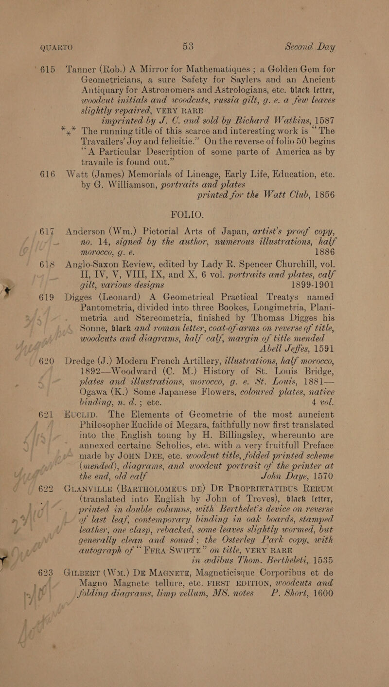 615 Tanner (Rob.) A Mirror for Mathematiques ; a Golden Gem for Geometricians, a sure Safety for Saylers and an Ancient Antiquary for Astronomers and Astrologians, ete. black letter, woodcut initials and woodcuts, russia gilt, g. e. a few leaves slightly repaired, VERY RARE imprinted by J. C. and sold by Richard Watkins, 1587 *.* The running title of this scarce and interesting work is “The Travailers’ Joy and felicitie.” On the reverse of folio 50 begins “A Particular Description of some parte of America as by travaile is found out.” 616 Watt (James) Memorials of Lineage, Early Life, Education, ete. by G. Williamson, portraits and plates printed for the Watt Club, 1856 FOLIO. 617 Anderson (Wm.) Pictorial Arts of Japan, artist’s proof copy, no. 14, signed by the author, numerous illustrations, half morocco, g. e@. 1886 618 Anglo-Saxon Review, edited by Lady R. Spencer Churchill, vol. II, IV, V, VIII, 1X, and X, 6 vol. portraits and plates, calf gilt, various designs 1899-1901 619 Digges (Leonard) A Geometrical Practical Treatys named Pantometria, divided into three Bookes, Longimetria, Plani- metria and Stereometria, finished by Thomas Digges his Sonne, black and roman letter, coat-of-arms on reverse of title, woodcuts and diagrams, half calf, margin of title mended Abell Jeffes, 1591 620 Dredge (J.) Modern French Artillery, dlustrations, half morocco, 1892—-Woodward (C. M.) History of St. Louis Bridge, plates and illustrations, morocco, g. e. St. Louis, 1881— Ogawa (K.) Some Japanese Flowers, coloured plates, native binding, n. d.; ete. 4. vol. 621 HKuoiip. The Elements of Geometrie of the most auncient. Philosopher Euclide of Megara, faithfully now first translated into the English toung by H. Billingsley, whereunto are annexed certaine Scholies, etc. with a very fruitfull Preface made by JOHN DEE, etc. woodcut title, folded printed scheme (mended), diagrams, and woodcut portrait of the printer at the end, old calf John Daye, 1570 622 (GLANVILLE (BARTHOLOMEUS DE) DE PRopRIETATIBUS RERUM (translated into English by John of Treves), black letter, printed in double columns, with Berthelet’s device on reverse of last leaf, contemporary binding in oak boards, stamped leather, one clasp, rebacked, some leaves slightly wormed, but generally clean and sound; the Osterley Park copy, with autograph of “ FeRa SwiFtE” on title, VERY RARE in cdibus Thom. Bertheleti, 1535 623 GILBERT (WmM.) De MaGnets, Magneticisque Corporibus et de Magno Magnete tellure, etc. FIRST EDITION, woodcuts and