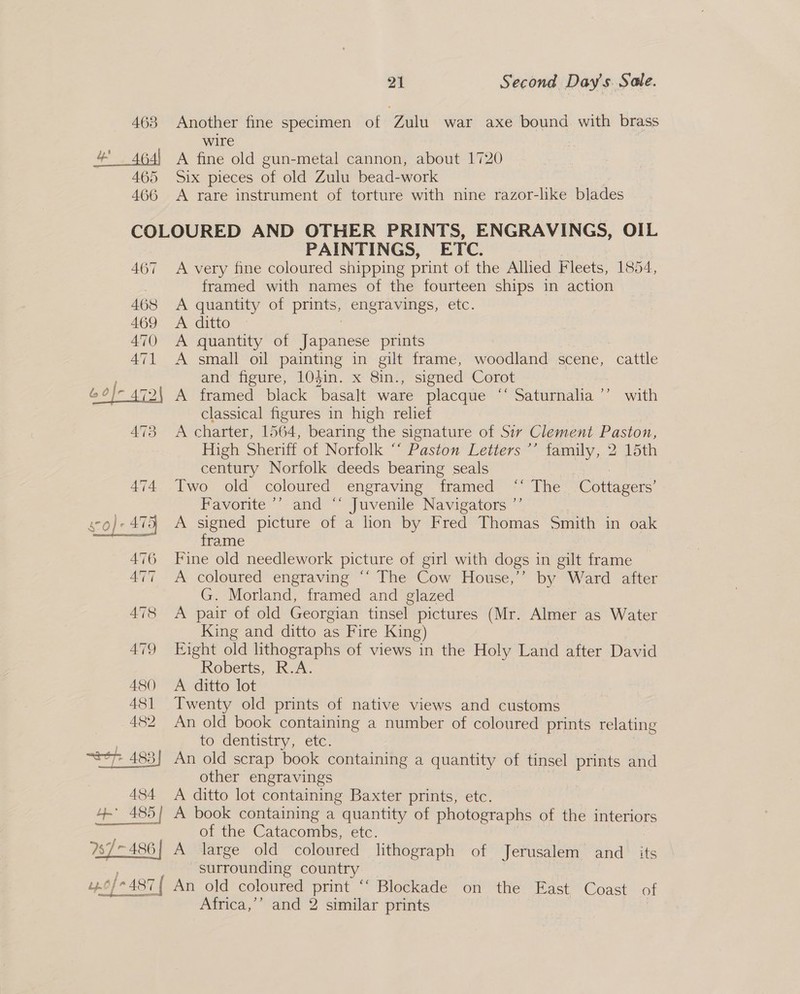 463 / 1g { 6 {| 465 466 21 Second Day s S$ ale. Another fine specimen of Zulu war axe bound with brass wire A fine old gun-metal cannon, about 1720 Six pieces of old Zulu bead-work | A rare instrument of torture with nine razor-like blades 467 474 ) oil } so] 475 a 476 A477 478 A479 480 481 482 “ze 483] 484 PAINTINGS, ETC. A very fine coloured shipping print of the Allied Fleets, 1854, framed with names of the fourteen ships in action A quantity of prints, engravings, etc. A ditto A quantity of Japanese prints A small oil painting in gilt frame, woodland scene, cattle and figure, 104in. x 8in., signed Corot A framed black basalt ware placque ‘‘ Saturnalia ’’ with classical figures in high relief A charter, 1564, bearing the signature of Sir Clement Paston, High Sheriff of Norfolk “‘ Paston Letters ’’ family, 2 15th century Norfolk deeds bearing seals : Two old coloured engraving framed ‘‘ The Cottagers’ Favorite ’’ and *’ Juvenile Navigators ”’ A signed picture of a lion by Fred Thomas Smith in oak frame Fine old needlework picture of girl with dogs in gilt frame A coloured engraving “‘ The Cow House,’ by Ward after G. Morland, framed and glazed — A pair of old Georgian tinsel pictures (Mr. Almer as Water King and ditto as Fire King) Eight old lithographs of views in the Holy Land after David Roberts, R.A. A ditto lot Twenty old prints of native views and customs An old book containing a number of coloured prints relating to dentistry, etc. An old scrap book containing a quantity of tinsel prints and other engravings A ditto lot containing Baxter prints, etc. ra of the Catacombs, etc. surrounding country Africa,’’ and 2 similar prints