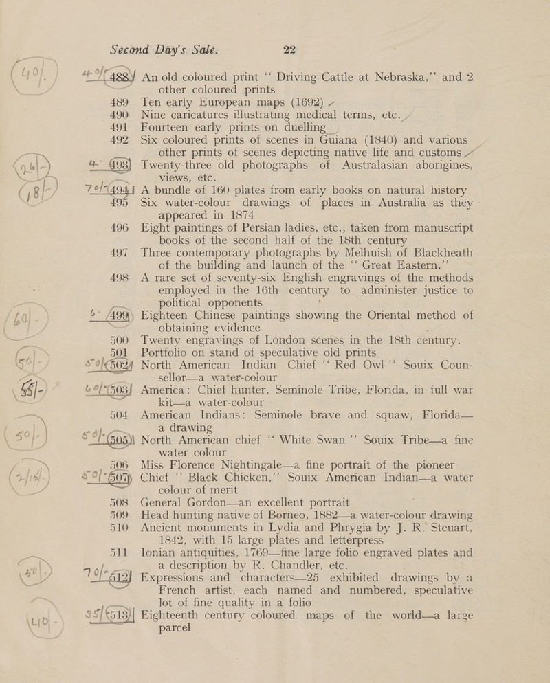 + IF aga An old coloured print ‘‘ Driving Cattle at Nebraska,’’ and 2 | other coloured prints 489 Ten early Kuropean maps (1692) v 490 Nine caricatures illustrating medical terms, etc. 491 Fourteen early prints on duelling 492 Six coloured prints of scenes in Guiana (1840) and various — other prints of scenes depicting native life and customs (qb|-) nod - G93) Twenty-three old photographs of Australasian aborigines, le views, etc. ( | Q [- / 791494 | A bundle of 160 plates from early books on natural history 495 Six water-colour drawings of places in Australia as they - appeared in 1874 496 Eight paintings of Persian ladies, etc., taken from manuscript books of the second half of the 18th century 497 Three contemporary photographs by Melhuish of Blackheath of the building and launch of the ‘‘ Great Eastern.’’ 498 &lt;A rare set of seventy-six English engravings of the methods employed in the 16th century to administer justice to political opponents , Eighteen Chinese paintings showing the Oriental method of obtaining evidence Twenty engravings of London scenes in the 18th century: | Portfolio on stand of speculative old prints ~2/€5024 North American Indian Chief ‘‘ Red Owl’’ Souix Coun- sellor—a water-colour America: Chief hunter, Seminole Tribe, Florida, in full war kit—a water-colour American Indians: Seminole brave and squaw, Florida— : a drawing i North American chief ‘‘ White Swan ’’ Souix Tribe—a fine : water colour 6 Miss Florence Nightingale—a fine portrait of the pioneer ) Chief “‘ Black Chicken,’’ Souix American Indian——a water colour of merit General Gordon—an excellent portrait Head hunting native of Borneo, 1882——a water-colour drawing Ancient monuments in Lydia and Phrygia by J. R. Steuart, 1842, with 15 large plates and letterpress Ionian antiquities, 1769—fine large folio engraved plates and a description by R. Chandler, etc. Expressions and characters—25 exhibited drawings by a French artist, each named and numbered, speculative lot of fine quality in a folio : ry | 161 13)| Fighteenth century coloured maps of the world——a large parcel , 
