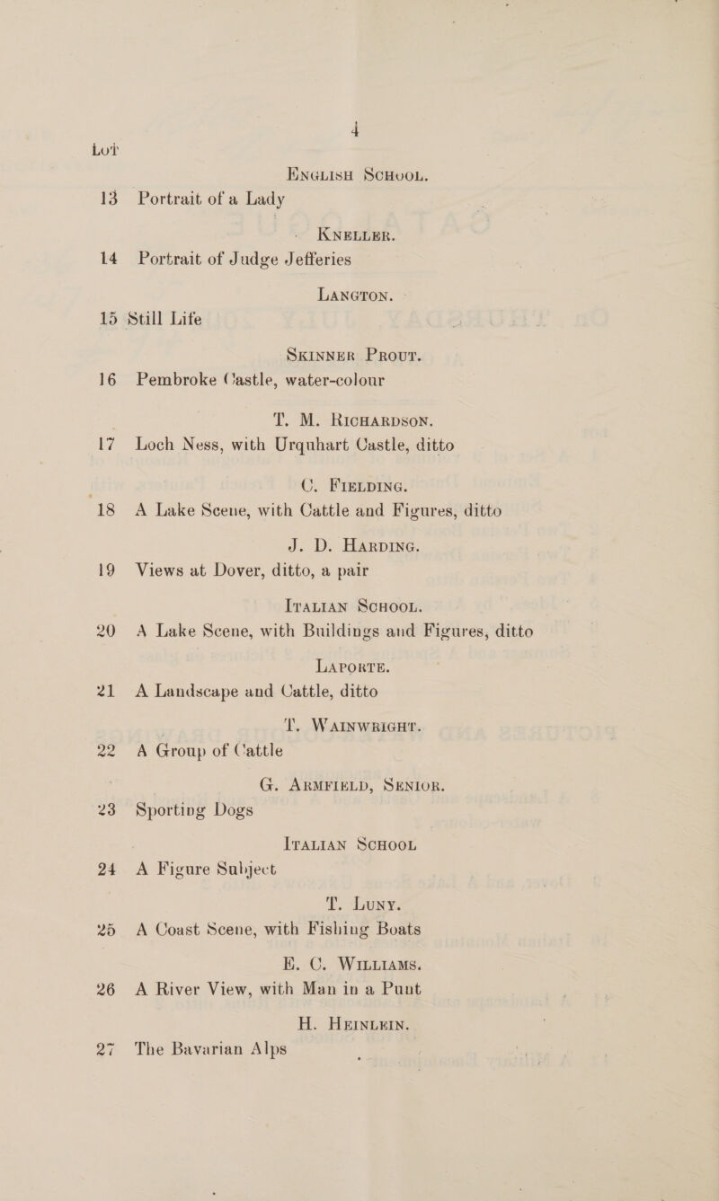 14 15 20 21 4 ) ENGLISH SCHUOL. KNELLER. Portrait of Judge Jefferies LANGTON. SKINNER Prout. Pembroke Castle, water-colour T. M. RicHARDSON. Loch Ness, with Urquhart Castle, ditto C. FIELDING. A Lake Scene, with Cattle and Figures, ditto J. D. Harpine. Views at Dover, ditto, a pair IraLIAN SCHOOL. A Lake Scene, with Buildings and Figures, ditto LAPORTE. A Landscape and Cattle, ditto | ‘T. WAINWRIGHT. A Group of Cattle G. ARMFIELD, SENIOR. Sporting Dogs ITALIAN SCHOOL A Figure Sabject T. Luny. A Coast Scene, with Fishing Boats K. ©. WIbuiams. A River View, with Man in a Punt H. HEINLEIN. The Bavarian Alps