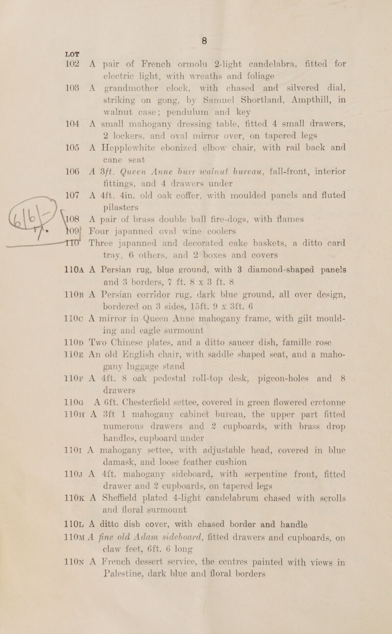 8 LOT 102 A pair of French ormolu 2-light candelabra, fitted for electric light, with wreaths and foliage 103 A grandmother clock, with chased and silvered dial, striking on gong, by Samuel Shortland, Ampthill, in walnut case; pendulum and key 104. A small mahogany dressing table, fitted 4 small drawers, 2 lockers, and oval mirror over, on tapered legs 105 A Hepplewhite ebonized elbow chair, with rail back and cane seat . 106 A 8ft. Queen Anne burr walnut bureau, fall-front, interior fittings, and 4 drawers under 107 A 4ft. 4in. old oak coffer, with moulded panels and fluted : pilasters \os A pair of brass double ball fire-dogs, with flames 09} Four japanned oval wine coolers tT «=6Three japanned and decorated cake baskets, a ditto card tray, 6 others, and 2 boxes and covers  1104 A Persian rug, blue ground, with 3 diamond-shaped panels amd Si borders. 7 it, 38 es it, 8 1108 A Persian corridor rug, dark blue ground, all over design, bordered on 3 sides, 15ft. 9 x 3ft. 6 1i0c A mirror in Queen Anne mahogany frame, with gilt mould- ing and eagle surmount 110p Two Chinese plates, and a ditto saucer dish, famille rose 110e An old English chair, with saddle shaped seat, and a maho- | gany luggage stand 110r A 4ft. 8 oak pedestal roll-top desk, pigeon-holes and 8 drawers 110a A 6ft. Chesterfield settee, covered in green flowered cretonne 110H A 38ft 1 mahogany cabinet bureau, the upper part fitted numerous drawers and 2 cupboards, with brass drop handles, cupboard under 1101 A mahogany settee, with adjustable head, covered in blue damask, and loose feather cushion 1103 A 4ft. mahogany sideboard, with serpentine front, fitted drawer and 2 cupboards, on tapered legs 110K A Sheffield plated 4-lhght candelabrum chased with scrolls and floral surmount 110 A ditto dish cover, with chased border and handle 110m A fine old Adam sideboard, fitted drawers and cupboards, on claw feet, 6ft. 6 long 110n A French dessert service, the centres painted with views in Palestine, dark blue and floral borders