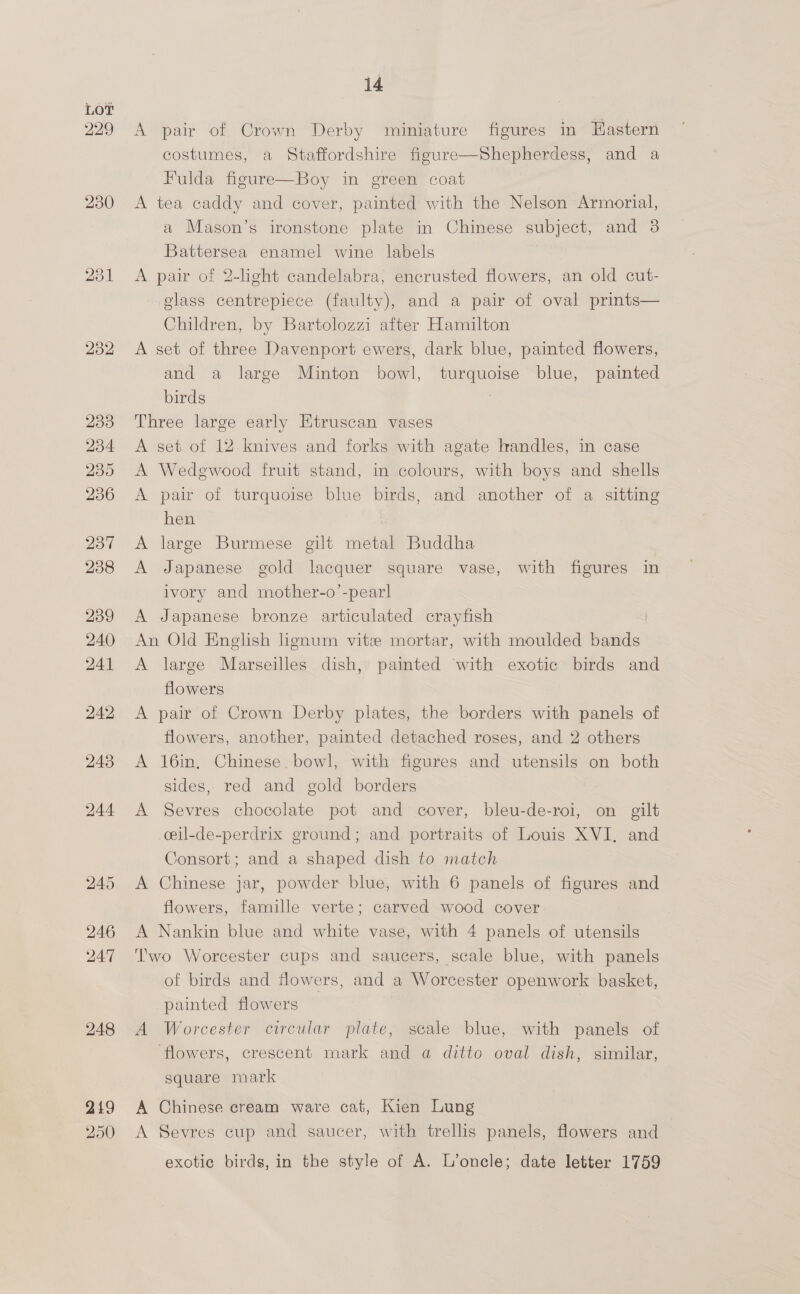 232 233 234 239 236 237 238 239 240 241 242 243 244 245 246 247 248 219 250 14 A pair of Crown Derby miniature figures in Eastern costumes, a Staffordshire figure—Shepherdess, and a Fulda figure—Boy in green coat A tea caddy and cover, painted with the Nelson Armorial, a Mason’s ironstone plate in Chinese subject, and 3 Battersea enamel wine labels A pair of 2-light candelabra, encrusted flowers, an old cut- glass centrepiece (faulty), and a pair of oval prints— Children, by Bartolozzi after Hamilton A set of three Davenport ewers, dark blue, painted flowers, and a large Minton bowl, turquoise blue, painted birds | Three large early Etruscan vases A set of 12 knives and forks with agate handles, in case A Wedgwood fruit stand, in colours, with boys and shells A pair of turquoise blue birds, and another of a sitting hen A large Burmese gilt metal Buddha A Japanese gold lacquer square vase, with figures in ivory and mother-o’-pearl A Japanese bronze articulated crayfish An Old English lignum vite mortar, with moulded bands A large Marseilles dish, paimted with exotic birds and flowers A pair of Crown Derby plates, the borders with panels of flowers, another, painted detached roses, and 2 others A 16in, Chinese. bowl, with figures and utensils on both sides, red and gold borders A Sevres chocolate pot and cover, bleu-de-roi, on gilt ceil-de-perdrix ground; and portraits of Louis XVI. and Consort; and a shaped dish to match A Chinese jar, powder blue, with 6 panels of figures and flowers, famille verte; carved wood cover A Nankin blue and white vase, with 4 panels of utensils Two Worcester cups and saucers, scale blue, with panels of birds and fowers, and a Worcester openwork basket, painted flowers | A Worcester circular plate, scale blue, with panels of ‘flowers, crescent mark and a ditto oval dish, similar, square mark A Chinese cream ware cat, Kien Lung A Sevres cup and saucer, with trellis panels, flowers and exotic birds, in the style of A. L’oncle; date letter 1759