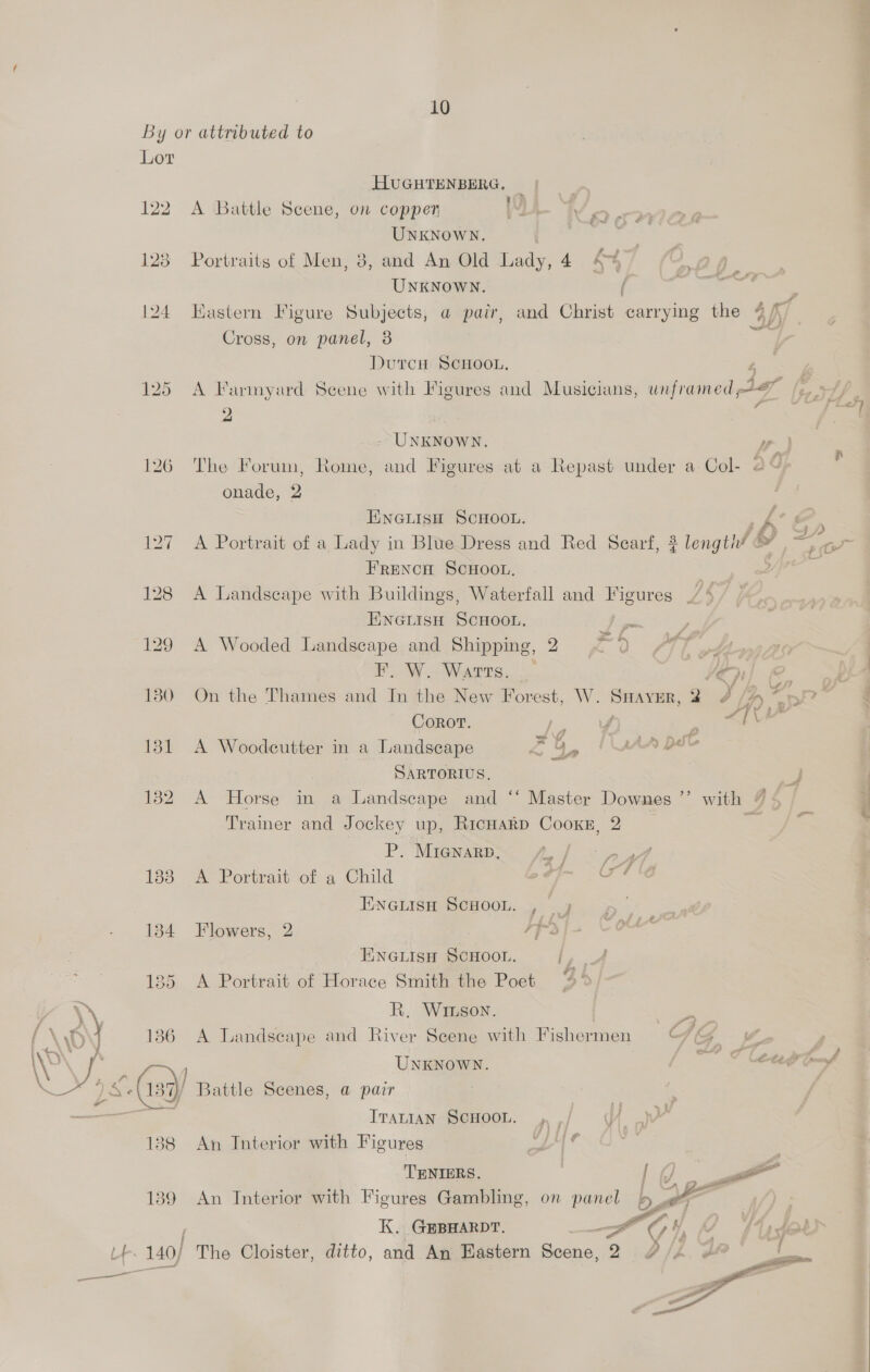 By or attributed to Lor HUGHTENBERG, 122 A Battle Scene, on copper 3 UNKNOWN. 7 123 Portraits of Men, 8, and An Old Lady, 4 At ; ; UNKNOWN. f i we Cross, on panel, 3 DutcH ScHooL. | 125 A Farmyard Scene with Figures and Musicians, inven Le 2 126 The Forum, Rome, and Figures at a Repast under a Col- onade, 2 ENGLISH SCHOOL. FRENCH SCHOOL. 128 A Landscape with Buildings, Waterfall and Figures ENGLISH SCHOOL. ~ 129 A Wooded Landscape and Shipping, 2 é f. W. Watts, oat oH . 180 On the Thames and In the New Forest, W. Suayver, 2 2 ‘ry 4 Coror. Dee i i 8 181 A Woodcutter in a Landscape a 4, JAA DSC SARTORIUS, 182 A Horse in a Landscape and ‘‘ Master Downes ”’ with 4 Trainer and Jockey up, RicHaRD CooKE, 2   P. MiGnarpD, A J % go 133 A Portrait of a Child y- rt ENGLISH SCHOOL. , _» / 134 Flowers, 2 *Pd : ENGLISH SCHOOL. l 35 A Portrait of Horace Smith the Poet “4 ‘ R, WiInson. ss ay 136 A Landscape and River Scene with Fishermen ne /; a iw oC F y UNKNOWN. w~ © leagerG Fee 137)/ Battle Scenes, @ pair p* —— Trattan SCHOOL. ,» .; 4 188 An Interior with Figures AAS | TENIERS. | 0. 1389 An Interior with Figures Gambling, on panel E ae K. GEBHARDT. Bory, HM Ftie Lt. 140/ The Cloister, ditto, and An Eastern eae 2 3/h. 9 iA