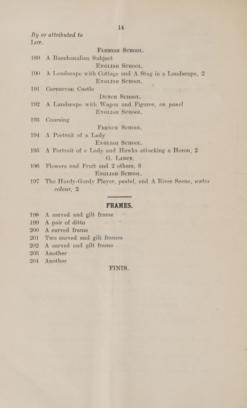 By or attributed to Lor. FLeMIsH SCHOOL. 189 A Bacchanalian Subject ENGLISH SCHOOL, 190 A Landscape with Cottage and A Stag in a Landscape, 2 | Eneuisn Scoot. 191 Carnarvon Castile Dutcu ScHoot. 192 A Landscape with Wagon and Figures, on panel ENGLISH SCHOOL. 193 Coursing . FrencuH Scnoon, 194 A Portrait of a Lady ENGLISH SCHOOL. 195 A Portrait of a Lady and Hawks attacking a Heron, 2 G. LANcE, 2 196 Flowers and Fruit and 2 others, 3 ENGLISH SCHOOL. 197 The Hurdy-Gurdy Player, pastel, and A River Scene, water colour, 2 FRAMES. 198 A carved and gilt frame 199 A pair of ditto 200 <A carved frame 201 Two carved and gilt frames 202 <A carved and gilt frame 203 Another 204 Another FINIS.