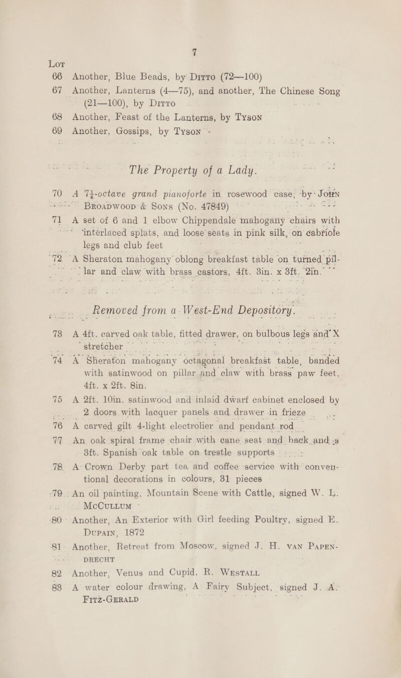 73 ah 82 83 7 Another, Blue Beads, by Drrro (72—100) (21—100), by Dirro Another, Feast of the Lanterns, by Tyson Another, Gossips, by Tyson - ~The Property of a Lady. A 7i-octave grand pianoforte in rosewood case; by: Journ - Broapwoop &amp; Sons (No. 47849) — eet a A set of 6 and 1 elbow Chippendale mahogany ‘chairs with ‘intérlaced splats, and loose’ Sa in ns silk, on 1 cabriole legs and club feet A Sheraton mahogany oblong breakfast table on. turned ‘pil- ‘Tar and claw with brass eaabars, Aft. 3in. x x BEt. ‘in. . . _ Removed from a. West-End Petey A 4ft. carved oak table, fit grower, | on 1 bulbous legs sind x Stretcher =. with satinwood on pillar and claw with brass paw feet, 4ft. x 2ft. Sin. | A 2ft. 10in. satinwood and inlaid dwarf cabinet enclosed by 2. doors, with lacquer panels and. drawer in frieze | A carved gilt 4-light electrolier ‘and pendant rod : An oak spiral frame -chair with cane seat and: hack. and a _ 8ft. Spanish oak table on trestle supports © <->. tional decorations in colours, 31 pieces ~ McCunLium - Duparin, 1872 DRECHT A water colour drawing, A Fairy Subject, signed J. A. Fitz-GERALD vO), SRRREMRM te eee Te