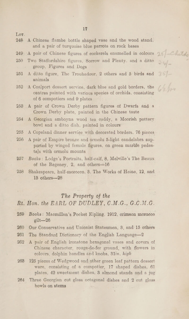 259 260 261 268 17 A Chinese flambe bottle shaped vase and the wood stand, and a pair of turquoise blue parrots on rock bases Two Staffordshire figures, Sorrow and Plenty, and a ditto group, Figures and Dogs | A ditto figure, The Troubadour, 2 others and 5 birds and animals ‘A Coalport dessert service, dark blue and gold borders, the centres painted with various species of orchids, consisting of 6 compotiers and 9 plates A pair of Crown Derby pattern figures of Dwarfs and a Crown Derby plate, painted in the Chinese taste A Georgian amboyna wood tea caddy, a Moorish pottery bow] and a ditto dish, painted in colours A pair of Empire bronze and ormolu 5-light candelabra sup- ported by winged female figures, on green marble pedes- tals with ormolu mounts Books : Lodge’s Portraits, half-calf, 8, Melville’s The Beaux of the Regency, 2, and. others—16 Shakespeare, half-morocco, 8, The Works of Heine, 12, and — 18 others—28 ee The Property of the Hon. the EARL OF DUDLEY, C.M. G., Cc-M.é Books: Macmillan’s Pocket Kipling, 1912, crimson morocco gilt—26 Our Conservative and Unionist Statesmen, 3, and 15 others The Standard Dictionary of the English Language—2 A pair of English ironstone hexagonal vases and covers of Chinese character, rouge-de-fer ground, with flowers in colours, dolphin handles and knobs, 3lin. high 125 pieces of Wedgwood and other green leaf pattern dessert ware, consisting of a compotier, 17 shaped dishes, 61 plates, 42 sweetmeat dishes, 8 almond stands and a jug Three Georgian cut glass octagonal dishes and 2 cut glass - bowls on stems