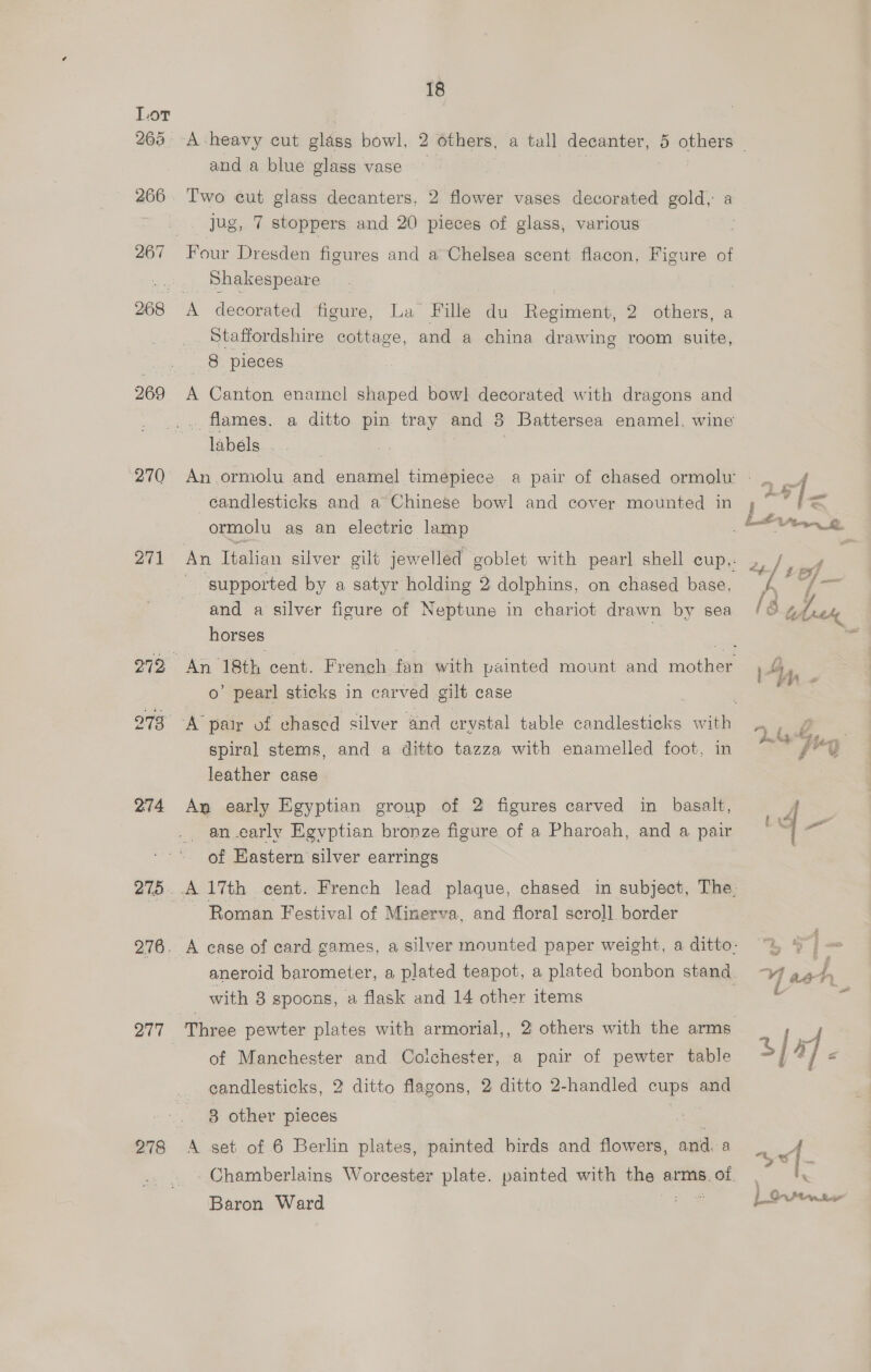 265. 266 268 270 271 274 278 18 and a blue glass vase jug, 7 stoppers and 20 pieces of glass, various Four Dresden figures and a Chelsea scent flacon, Figure of Shakespeare La Fille du Regiment, 2 others, a Staffordshire cottage, and a china drawing room suite, _. 8 pleces A Canton enamel shaped bowl decorated with dragons and _. flames. labels . candlesticks and a Chinese bowl and cover mounted in ormolu as an electric lamp ~ ‘supported by a satyr holding 2 dolphins, on chased base, and a silver figure of Neptune in chariot drawn by sea horses 0’ pearl sticks in carved gilt case spiral stems, and a ditto tazza with enamelled foot, in leather case. An early Egyptian group of 2 figures carved in basalt, _ an.early Egyptian bronze figure of a Pharoah, and a pair of Eastern silver earrings Roman Festival of Minerva. and floral scroll border with 8 spoons, a flask and 14 other items of Manchester and Colchester, a pair of pewter table candlesticks, 2 ditto flagons, 2 ditto 2-handled cups and 3 other pieces A set of 6 Berlin plates, painted birds and flowers, and. a Baron Ward