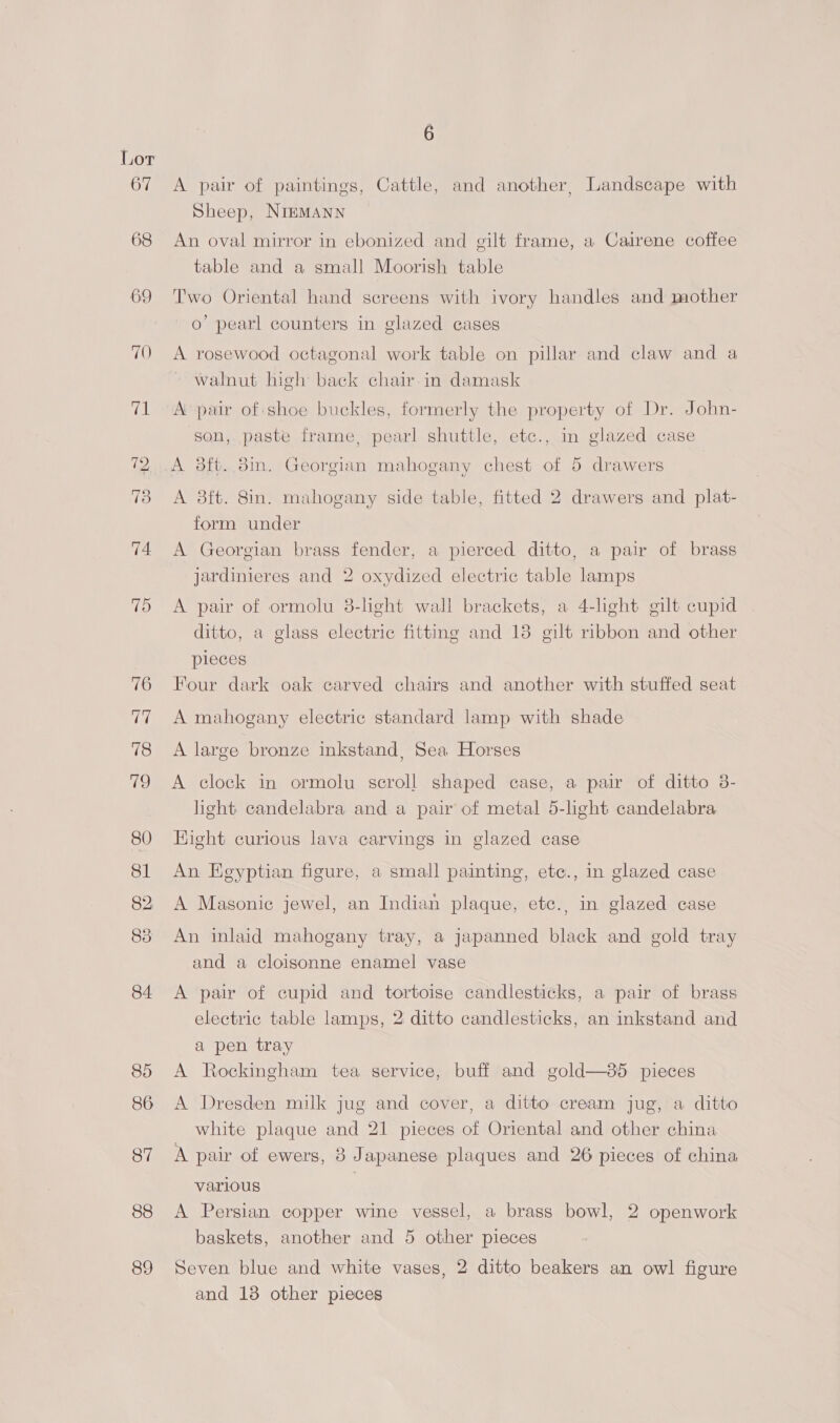 iV OT pop 6 A pair of paintings, Cattle, and another, Landscape with Sheep, NIEMANN An oval mirror in ebonized and gilt frame, a Cairene coffee table and a small Moorish table Two Oriental hand screens with ivory handles and mother o’ pearl counters in glazed cages A rosewood octagonal work table on pillar and claw and a ~ walnut high back chair in damask A pair of:shoe buckles, formerly the property of Dr. John- son, paste frame, pearl shuttle, etc., in glazed case A 8ft. 8in. mahogany side table, fitted 2 drawers and plat- form under A Georgian brass fender, a pierced ditto, a pair of brass jardinieres and 2 oxydized electric table lamps A pair of ormolu 8-light wall brackets, a 4-light gilt cupid ditto, a glass electric fitting and 13 gilt ribbon and other pieces Four dark oak carved chairs and another with stuffed seat A mahogany electric standard lamp with shade A large bronze inkstand, Sea Horses A clock in ormolu scroll shaped case, a pair of ditto 8- light candelabra and a pair of metal 5-light candelabra Hight curious lava carvings in glazed case An Egyptian figure, a small painting, etc., in glazed case A Masonic jewel, an Indian plaque, etc., in glazed case An inlaid mahogany tray, a japanned black and gold tray and a cloisonne enamel vase A pair of cupid and tortoise candlesticks, a pair of brass electric table lamps, 2 ditto candlesticks, an inkstand and a pen tray A Rockingham tea service, buff and gold—85 pieces A Dresden milk jug and cover, a ditto cream jug, a ditto white plaque and 21 pieces of Oriental and other china A pair of ewers, 8 Japanese plaques and 26 pieces of china various | A Persian copper wine vessel, a brass bowl, 2 openwork baskets, another and 5 other pieces Seven blue and white vases, 2 ditto beakers an owl figure and 18 other pieces
