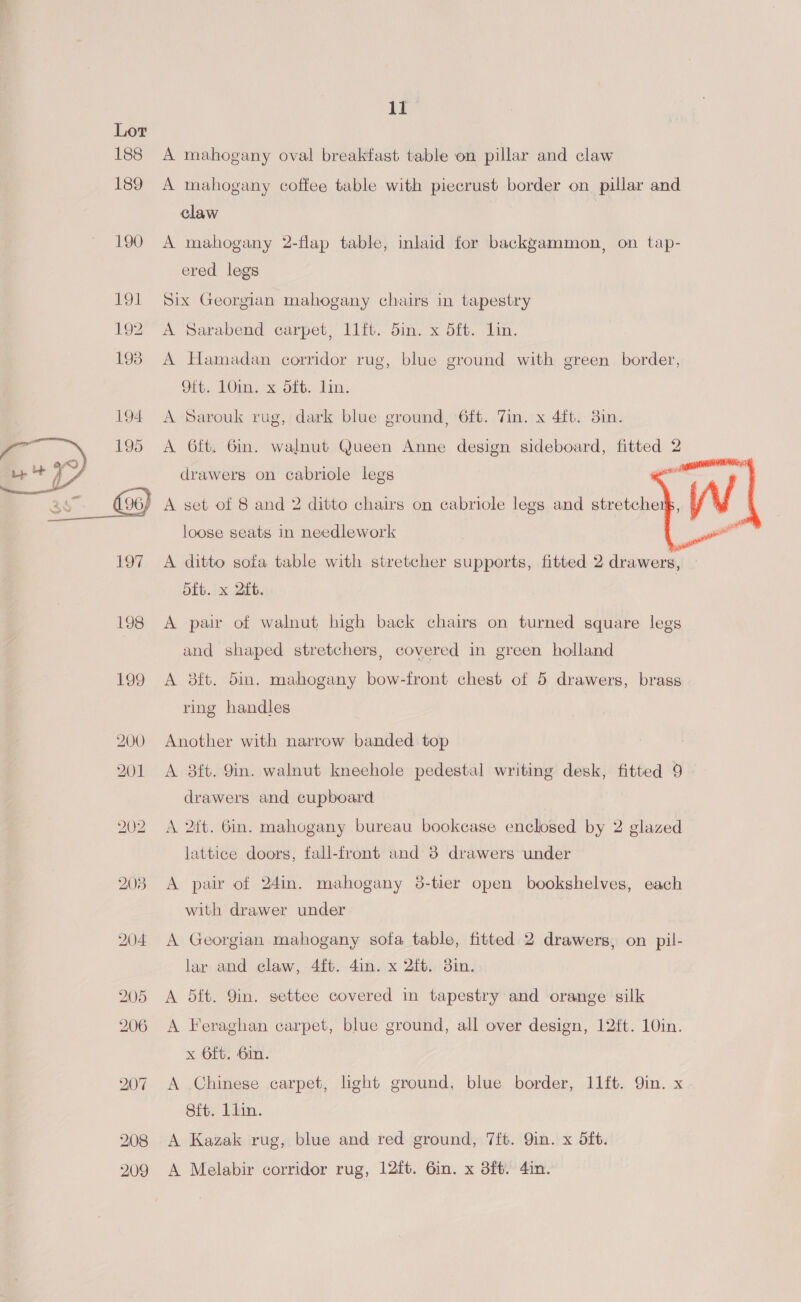 189  199 200 201 202 208 11 A mahogany oval breakfast table on pillar and claw A mahogany coffee table with piecrust border on pillar and claw | A mahogany 2-flap table, inlaid for backgammon, on tap- ered legs Six Georgian mahogany chairs in tapestry A Sarabend carpet, l1ft. 5in. x 5ft. lin. A Hamadan corridor rug, blue ground with green border, Olt. 10m x oft, Lin, A Sarouk rug, dark blue ground, 6ft. Tin. x 4ft. 3in. A 6ft. 6in. walnut Queen Anne design sideboard, fitted 2 drawers on cabriole legs   loose seats in needlework | A ditto sofa table with stretcher supports, fitted 2 drawers, bf. x 2ft. : A pair of walnut high back chairs on turned square legs and shaped stretchers, covered in green holland A 3ft. din. mahogany bow-front chest of 5 drawers, brass ring handles Another with narrow banded top A 38f{t. 9in. walnut kneehole pedestal writing desk, fitted 9 drawers and cupboard A 2it. 6in. mahogany bureau bookcase enclosed by 2 glazed lattice doors, fall-front and 38 drawers under A pair of 24in. mahogany 38-tier open bookshelves, each with drawer under A Georgian mahogany sofa table, fitted 2 drawers, on pil- lar and claw, 4ft. 4in. x 2ft, 3in. A 5ft. Yin. settee covered in tapestry and orange silk A Feraghan carpet, blue ground, all over design, 12ft. 10in. x 6ft. 6in. A Chinese carpet, light ground, blue border, 11ft. Qin. x Sit. Llin. A Kazak rug, blue and red ground, 7ft. Qin. x 5ft. A Melabir corridor rug, 12ft. 6in. x 3ft. 4in.