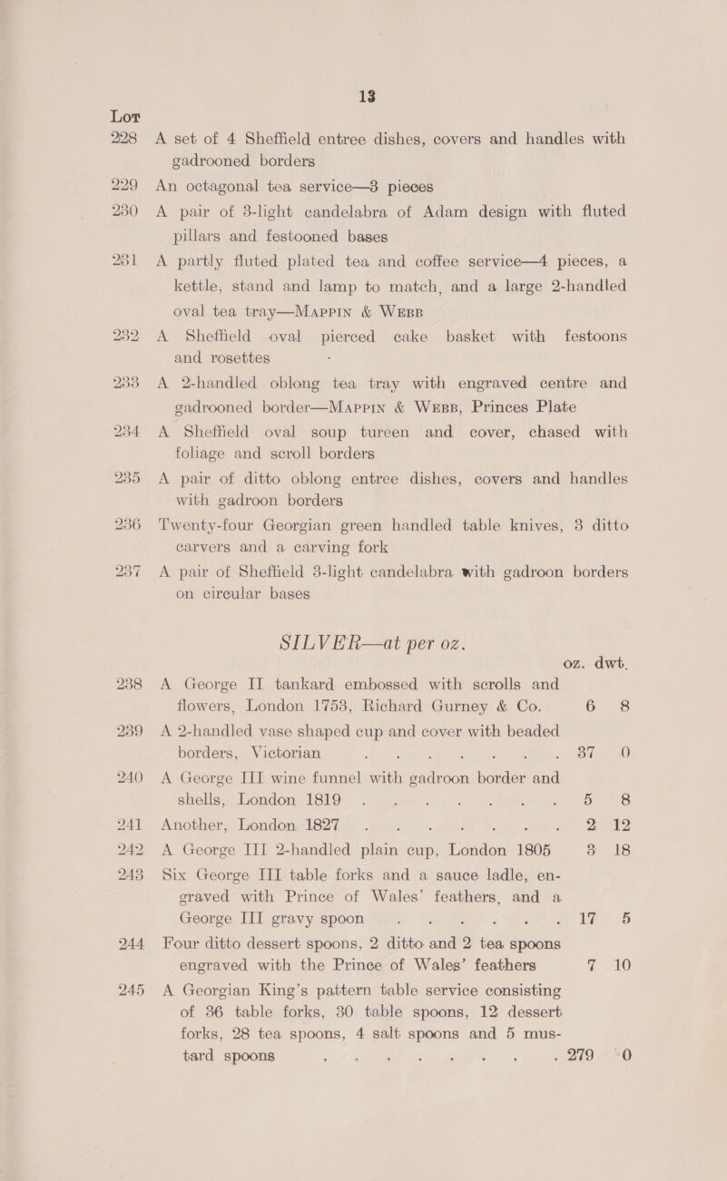A set of 4 Sheffield entree dishes, covers and handles with gadrooned borders An octagonal tea service—3 pieces A pair of 3-light candelabra of Adam design with fluted pillars and festooned bases A partly fluted plated tea and coffee service—4 pieces, a kettle, stand and lamp to match, and a large 2-handled oval tea tray—Mappin &amp; WEBB A Sheffeld oval pierced cake basket with festoons and rosettes A 2-handled oblong tea tray with engraved centre and gadrooned border—Mappin &amp; Wess, Princes Plate A Sheffield oval soup tureen and cover, chased with foliage and scroll borders | A pair of ditto oblong entree dishes, covers and handles with gadroon borders Twenty-four Georgian green handled table knives, 8 ditto carvers and a carving fork A pair of Sheffield 8-light candelabra with gadroon borders on circular bases SILVER—at per oz. oz. dwt. A George II tankard embossed with scrolls and flowers, London 17538, Richard Gurney &amp; Co. 6 8 A 2-handled vase shaped cup and cover with beaded borders, Victorian , Media wntte whieh See Ao A George IIT wine funnel with gadroon border and shellg-n oudomul SiO’ .. tusieem! 4 ao os ae 8 Another, London-1827. . . . ea A George III 2-handled plain cup, London 1805 a 18 Six George III table forks and a sauce ladle, en- graved with Prince of Wales’ feathers, and a George III gravy spoon aA (12 Tee da 8 Four ditto dessert spoons, 2 ditto and 2 tea spoons engraved with the Prince of Wales’ feathers (Beds A Georgian King’s pattern table service consisting of 36 table forks, 30 table spoons, 12 dessert forks, 28 tea spoons, 4 salt spoons and 5 mus- tard spoons Fo eae Aa pO