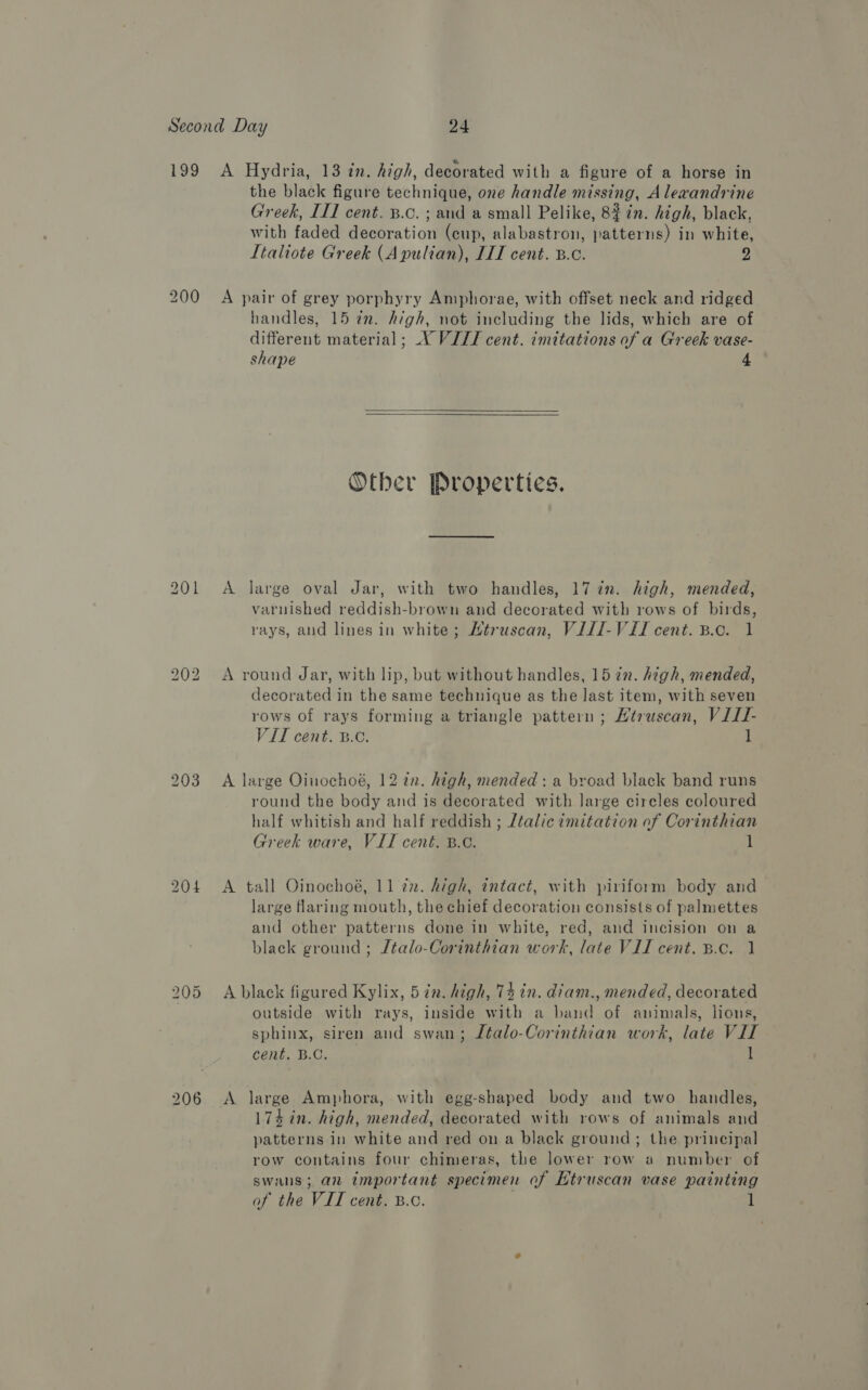 199 A Hydria, 13 in. high, decorated with a figure of a horse in the black figure technique, one handle missing, Alexandrine Greek, IL] cent. B.c. ; and a small Pelike, 8%in. high, black, with faded decoration (cup, alabastron, patterns) in white, LItaliote Greek (Apulian), IIT cent. B.c. 2 200 A pair of grey porphyry Amphorae, with offset neck and ridged handles, 15 72. high, not including the lids, which are of different material; X VIII cent. imitations of a Greek vase- shape 4   Other Properties. 201 A large oval Jar, with two handles, 17 in. high, mended, varnished reddish-brown and decorated with rows of birds, rays, aud lines in white; Méruscan, VIII-VITI cent. B.c. 1 bo =) bo A round Jar, with lip, but without handles, 15 in. high, mended, decorated in the same technique as the last item, with seven rows of rays forming a triangle pattern ; Htruscan, VIII- VIT cent. B.C. 1 203 A large Oinochoé, 12 tn. high, mended: a broad black band runs round the body and is decorated with large circles coloured half whitish and half reddish ; Ltalic imitation of Corinthian Greck ware, VII cent. B.C. 1 204 <A tall Oinochoé, 11 2x. high, intact, with piriform body and large flaring mouth, the chief decoration consists of palmettes and other patterns done in white, red, and incision on a black ground ; Italo-Corinthian work, late VIL cent. B.c. 1 bo co) Or A black figured Kylix, 5 in. high, 74 in. diam., mended, decorated outside with rays, inside with a band of animals, lions, sphinx, siren and swan; Ltalo-Corinthian work, late VII CGE, BCs 1 206 A large Amphora, with egg-shaped body and two handles, 174 in. high, mended, decorated with rows of animals and patterns in white and red on a black ground; the principal row contains four chimeras, the lower row a number of swans; an important specimen of Htruscan vase painting of the VIT cent. B.o. 1