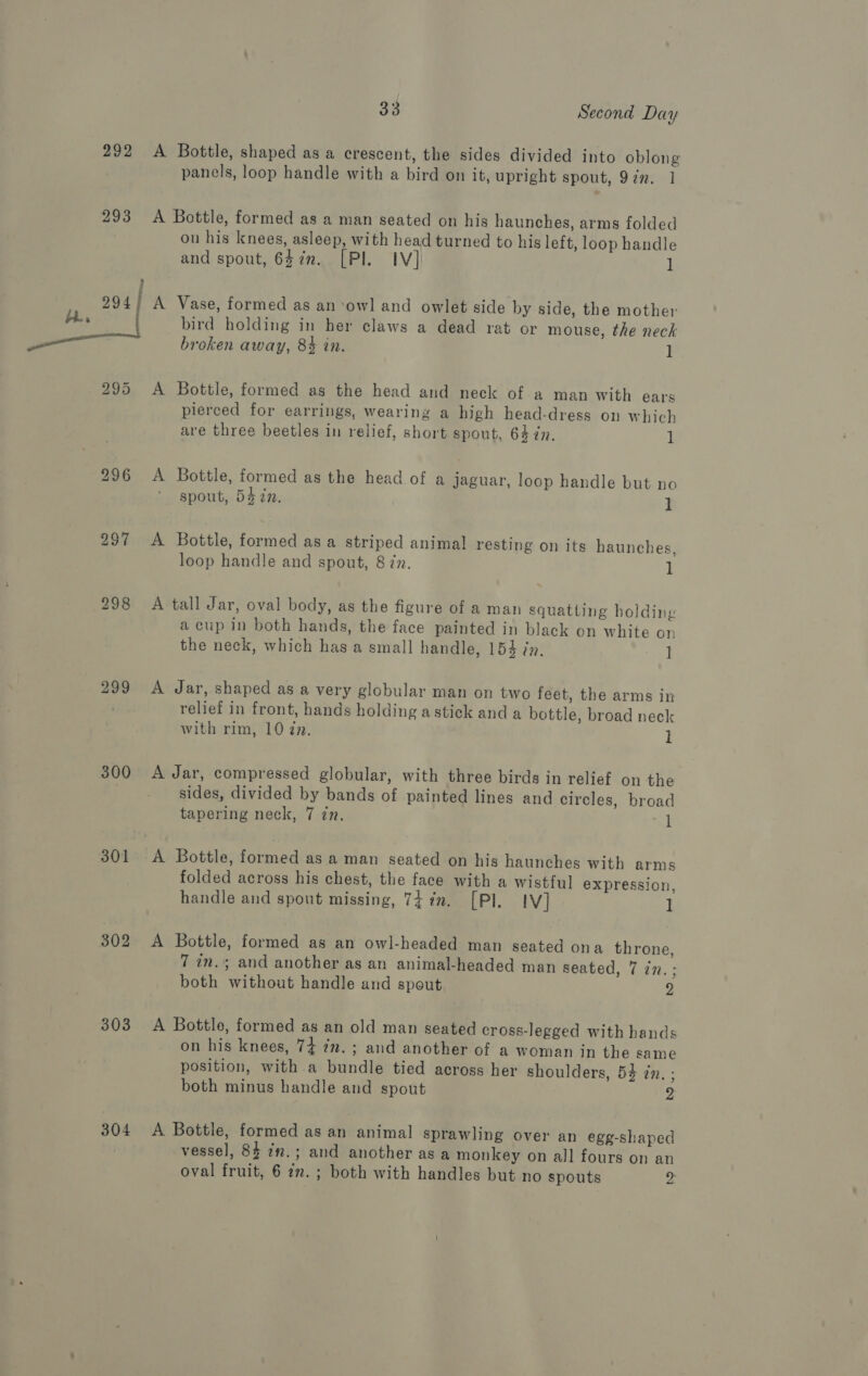292 <A Bottle, shaped as a crescent, the sides divided into oblong panels, loop handle with a bird on it, upright spout, 972. 1 293 A Bottle, formed as a man seated on his haunches, arms folded on his knees, asleep, with head turned to his left, loop handle and spout, 647m. [Pl. IV] l § 294 i A Vase, formed as an ‘owl and owlet side by side, the mother 295 <A Bottle, formed as the head and neck of a man with ears pierced for earrings, wearing a high head-dress on which are three beetles in relief, short spout, 64 in. 1 296 <A Bottle, formed as the head of a jaguar, loop handle but no spout, 54 ¢n. 1 297 <A Bottle, formed as a striped animal resting on its haunches, loop handle and spout, 8 zz. 1 298 A tall Jar, oval body, as the figure of a man squatting holding a cup in both hands, the face painted in black on white on the neck, which has a small handle, 154 in. ] 299 <A Jar, shaped as a very globular man on two feet, the arms in relief in front, hands holding astick and a bottle, broad neck with rim, 10 zz. l 300 A Jar, compressed globular, with three birds in relief on the | sides, divided by bands of painted lines and circles, broad tapering neck, 7 zn. l 301 A Bottle, formed as a man seated on his haunches with arms folded across his chest, the face with a wistful expression, handle and spout missing, 74 im. [PI. Iv] 1 302 A Bottle, formed as an owl-headed man seated ona throne, 7 an.; and another as an animal-headed man seated, 7 in.; both without handle and spout 2 303 <A Bottle, formed as an old man seated cross-legged with hands on his knees, 74 7v. ; and another of a woman in the same position, with a bundle tied across her shoulders, 54 zn. ; both minus handle and spout 2 304 <A Bottle, formed as an animal sprawling over an egg-shaped vessel, 84 7v.; and another as a monkey on all fours on an oval fruit, 6 7z.; both with handles but no spouts J: a