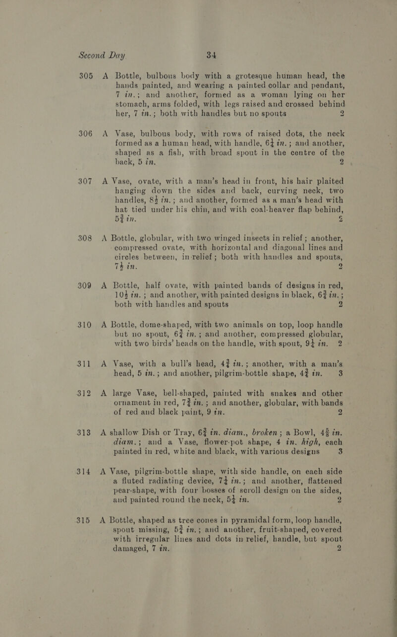305 306 307 308 309 310 311 313 314 315 A Bottle, bulbous body with a grotesque human head, the hands painted, and wearing a painted collar and pendant, 7 an.; and another, formed as a woman lying on her stomach, arms folded, with legs raised and crossed behind her, 7 a2.; both with handles but no spouts 2 A Vase, bulbous body, with rows of raised dots, the neck formed as a human head, with handle, 64 i. ; and another, shaped as a fish, with broad spout in the centre of the back, 5 tn. Z A Vase, ovate, with a man’s head in front, his hair plaited hanging down the sides and back, curving neck, two handles, 84 7v.; and another, formed as a man’s head with hat tied under his chin, and with coal-heaver flap behind, Bein. g A Bottle, globular, with two winged insects in relief ; another, compressed ovate, with horizontal and diagonal lines and circles between, in-relief; both with handles and spouts, 74 in. 2 A Bottle, half ovate, with painted bands of designs in red, 104 7m. ; and another, with painted designs in black, 627n. ; both with handles and spouts 2 A Bottle, dome-shaped, with two animals on top, loop handle but no spout, 6% 7m.; and another, compressed globular, with two birds’ heads on the handle, with spout, 9} zn. 2 A Vase, with a bull’s head, 42 72.; another, with a man’s head, 5 tv.; and another, pilgrim-bottle shape, 42 12. 3 A large Vase, bell-shaped, painted with snakes and other ornament in red, 7£7n.; and another, globular, with bands of red and black paint, 9 tn. 2 A shallow Dish or Tray, 62 in. diam., broken; a Bowl, 4% in. diam,; aud a Vase, flower-pot shape, 4 in. high, each painted in red, white and black, with various designs 3 A Vase, pilgrim-bottle shape, with side handle, on each side a fluted radiating device, 74. inm.; and another, flattened pear-shape, with four bosses of scroll design on the sides, and painted round the neck, 54 tn. 2 A Bottle, shaped as tree cones in pyramidal form, loop handle, spout missing, 52 7n.; and another, fruit-shaped, covered with irregular lines and dots in relief, handle, but spout damaged, 7 én. 2