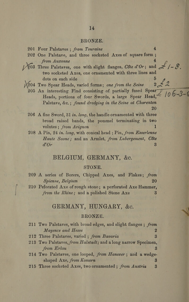 BRONZE. 201 Four Palstaves ; from Touraine 4 202 One Palstave, and three socketed Axes of square form ; Jrom Auxonne 4 03 Three Palstaves, one with slight flanges, Céte d’Or; and ms /-&amp; two socketed Axes, one ornamented with three lines and dots on each side 5 X204 Two Spear Heads, varied forms; one from the Seine 2 x ie 205 An interesting Find consisting of partially fused Reel ae rb oe Heads, portions of four Swords, a large Spear Head,~ /0 4 . Palstave, &amp;c.; found dredging in the Seine at Charenton 20 206 A fine Sword, 31 in. long, the handle ornamented with three broad raised bands, the pommel terminating in two ‘volutes ; from Avignon 1 208 A Pin, 24 in. long, with conical head ; Pin, from Esserlenne Haute Saone; and an Armlet, from Lubergement, Céte d’Or 3 BELGIUM, GERMANY, &amp;o. STONE. 209 A series of Borers, Chipped Axes, and Flakes; from Spienne, Belgium 20 210 Peforated Axe of rough stone; a perforated Axe Hammer, Srom the Rhine; and a polished Stone Axe 3 GERMANY, HUNGARY, &amp;c. BRONZE. 7 211 Two Palstaves, with broad edges, and slight flanges ; from Mayence and Hesse Z 212 Three Palstaves, varied ; from Bavaria 3 213 Two Palstaves, from Halstadt; and along narrow Specimen, Srom Erlau 3 214 Two Palstaves, one looped, from Hanover ; and a wedge- shaped Axe, from Komorn 3 215 Three socketed Axes, two ornamented ; from Austria 3