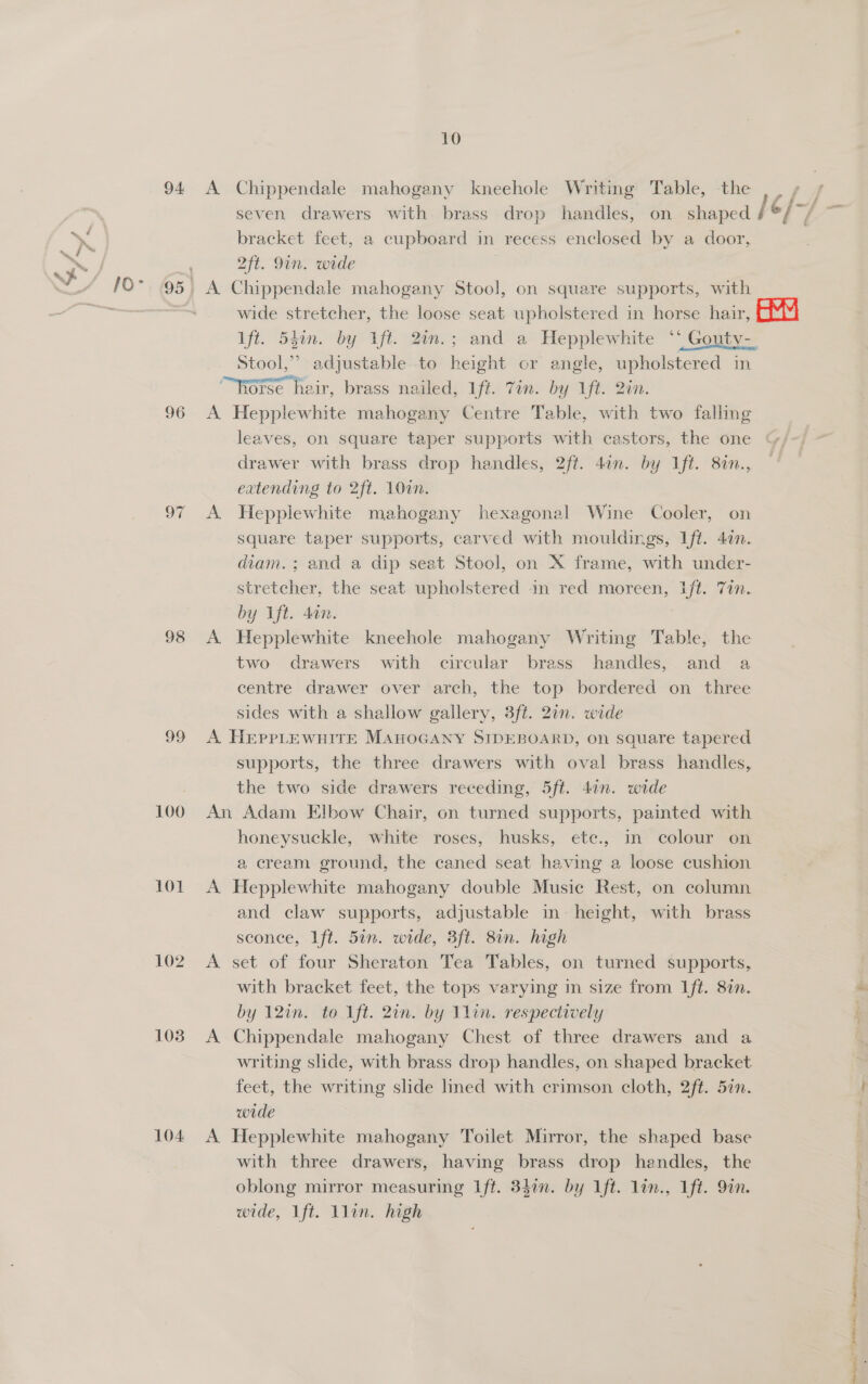 94, 95 96 98 92 100 101 102 1038 104 10 A Chippendale mahogany kneehole Writing Table, the bracket feet, a cupboard in recess enclosed by a door, 2ft. 9in. wide wide stretcher, the loose seat upholstered in horse hair, lft. 541n. by Ift. 2in.; and a Hepplewhite ‘* Gouty- Stool,” adjustable to height or angle, upholstered in Horse heir, brass nailed, 1ft. Tin. by 1ft. 2in. A Hepplewhite mahogany Centre Table, with two falling leaves, on square taper supports with castors, the one drawer with brass drop handles, 2ft. 4in. by Ift. 8in., extending to 2ft. 100. A. Hepplewhite mahogany hexagonal Wine Cooler, on square taper supports, carved with mouldings, lft. 427. diam. ; and a dip seat Stool, on X frame, with under- stretcher, the seat upholstered im red moreen, Lt. 7in. by lft. 40n. A. Hepplewhite kneehole mahogany Writing Table, the two drawers with circular brass handles, and a centre drawer over arch, the top bordered on three sides with a shallow gallery, 3ft. 20n. wide A. HeppLeEwnitE MAHOGANY SIDEBOARD, on square tapered supports, the three drawers with oval brass handles, the two side drawers receding, 5ft. 47n. wide An Adam Elbow Chair, on turned supports, painted with honeysuckle, white roses, husks, ete., in colour on a cream ground, the caned seat having a loose cushion A Hepplewhite mahogany double Music Rest, on column and claw supports, adjustable in height, with brass sconce, Ift. 5an. wide, 3ft. 8in. high A set of four Sheraton Tea Tables, on turned supports, with bracket feet, the tops varying in size from lft. 82n. by 12in. to Ift. 2on. by 1lin. respectively A Chippendale mahogany Chest of three drawers and a writing slide, with brass drop handles, on shaped bracket feet, the writing slide lined with crimson cloth, 2ft. 52n. wide A Hepplewhite mahogany Toilet Mirror, the shaped base with three drawers, having brass drop handles, the oblong mirror measuring Ift. 34in. by ft. lin., 1ft. 9on. wide, Ift. llin. high tegen Pees.