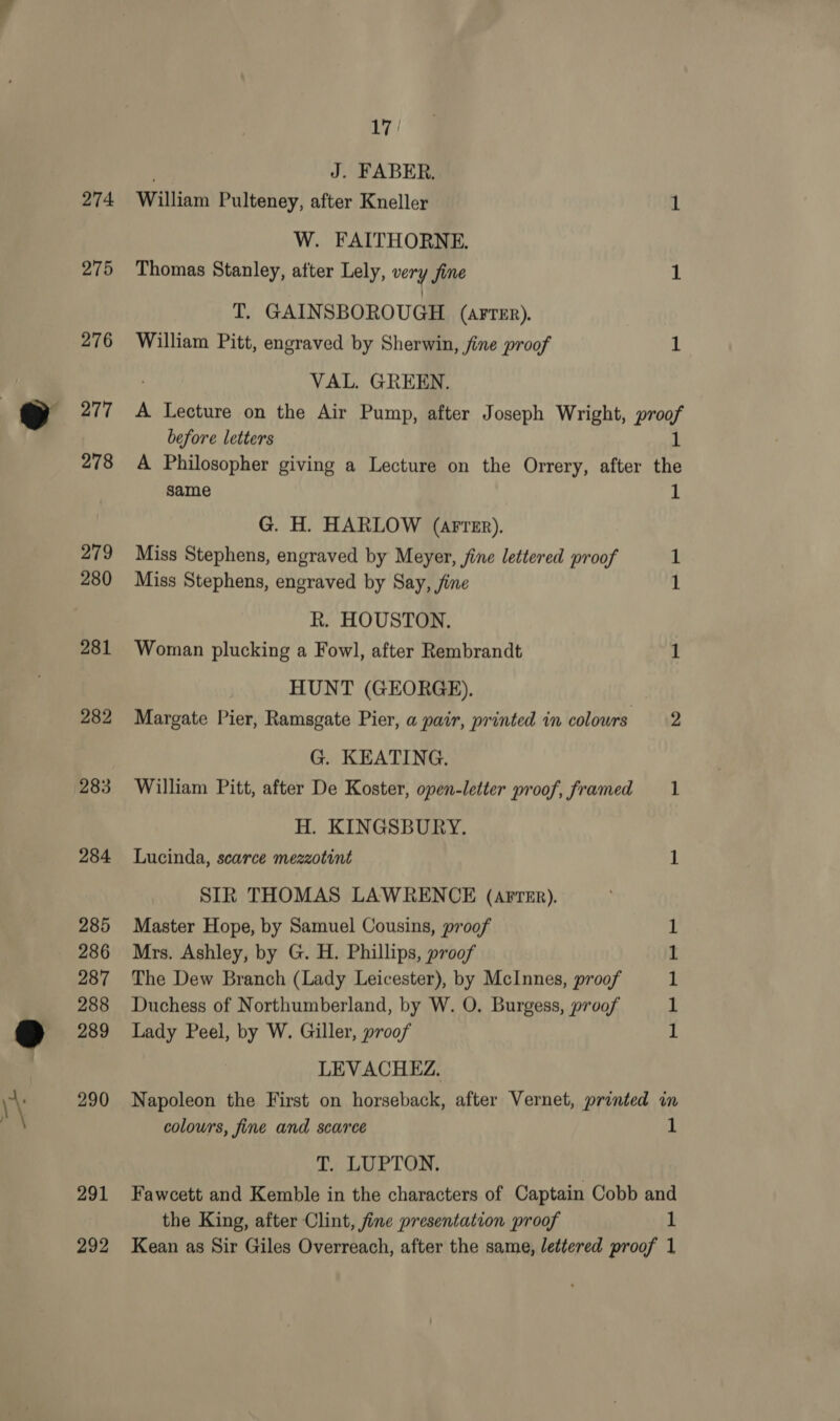 | 274 275 276 277 278 279 280 281 282 283 284 285 286 287 288 289 290 291 17 | J. FABER. William Pulteney, after Kneller 1 W. FAITHORNE. Thomas Stanley, atter Lely, very fine 1 T. GAINSBOROUGH (arrer). William Pitt, engraved by Sherwin, fine proof 1 VAL. GREEN. A Lecture on the Air Pump, after Joseph Wright, Prt before letters A Philosopher giving a Lecture on the Orrery, after a same 1 G. H. HARLOW (arter). Miss Stephens, engraved by Meyer, fine lettered proof 1 Miss Stephens, engraved by Say, fine 1 R. HOUSTON. Woman plucking a Fowl, after Rembrandt 1 HUNT (GEORGE). Margate Pier, Ramsgate Pier, a pair, printed in colours 2 G. KEATING. William Pitt, after De Koster, open-letter proof, framed = 1 H. KINGSBURY. Lucinda, scarce mezzotint 1 SIR THOMAS LAWRENCE (AfTER). Master Hope, by Samuel Cousins, proof 1 Mrs. Ashley, by G. H. Phillips, proof 1 The Dew Branch (Lady Leicester), by McInnes, proof 1 Duchess of Northumberland, by W. O. Burgess, proof 1 Lady Peel, by W. Giller, proof 1 LEVACHEZ. Napoleon the First on horseback, after Vernet, printed in colours, fine and scarce 1 T. LUPTON. Fawcett and Kemble in the characters of Captain Cobb and the King, after Clint, fine presentation proof 1