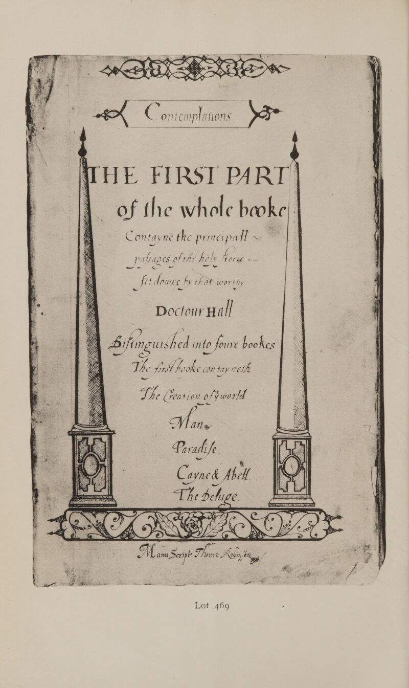  HE FIRST PART) of the whole baoke; | i Contavne the Proics pa ff oe : ( — = : 1 / ‘ j pa fag CS of th ~~ —_— — e- _ {c! Pa hy th aturor thy Doctour Hall j : a Z % q Sifenguished into foure bookcs a &gt; sf, q a Th te Joke C CON fay I? ci a 3 eh, i The (rea tion of y world | = Mine Parad fe.  ¥ “« ; : a a “ wo &amp; Has | : ae ih cmt Ser Ton © Achin bm, / a wt ~ SS ¥ % bad 7 \ pate ae Bes iy Vis dk at Bila st = a Sai sae ony Lot 469