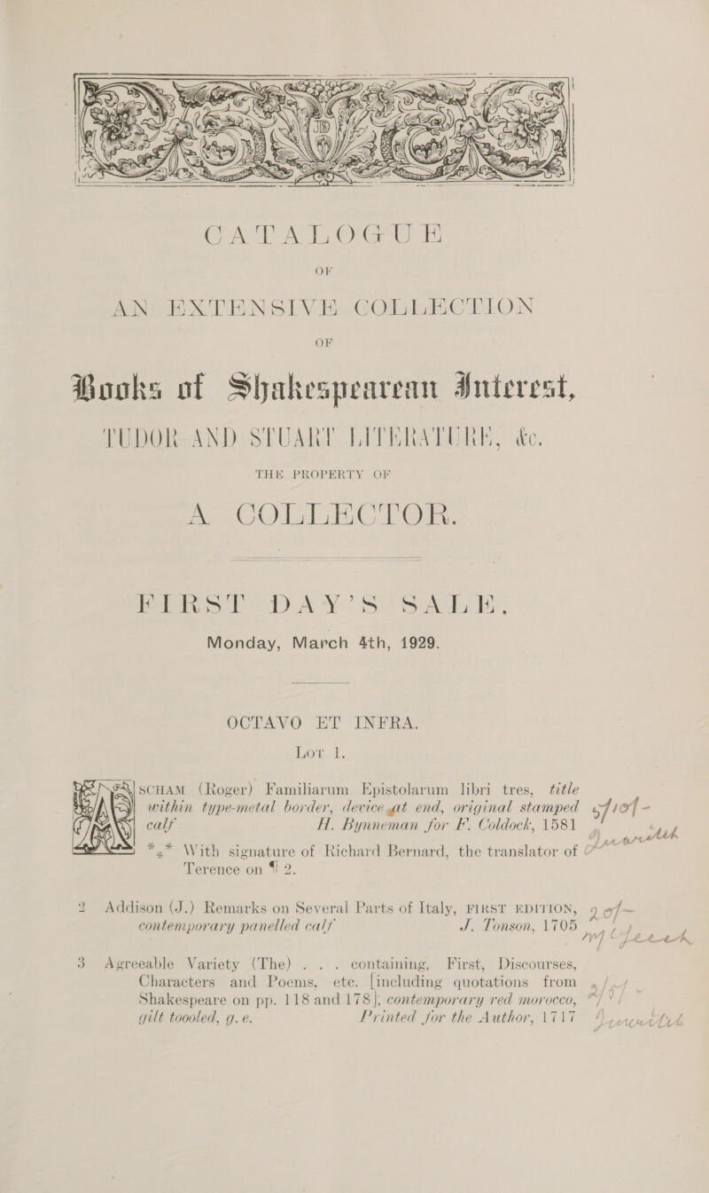    Or AN EXTENSIVE COLLECTION OF Books of Shakespearean Snterest, TUDOR AND STUART LITERATURE, ée. THE PROPERTY OF Mek lel UC Oi,  Piece ae TAY? So a de: Monday, March 4th, 1929. OCTAVO ET INFRA. Hoe 4. SCHAM (Roger) Familiarum Epistolarum libri tres, title within type-metal border, device at end, original stamped fief ~ calf H. Bynneman for F. Coldock, 1581 Me : - $ : LA th Ae *.* With signature of Richard Bernard, the translator of ‘ Terence on { 2. Ait  2 Addison (J.) Remarks on Several Parts of Italy, FIRST EDITION, 9 of~ contemporary panelled calf Je onsen, 1705 og — ACT ee en 3 Agreeable Variety (The) . . . containing, First, Discourses, Characters and Poems, ete. [including quotations from ; Shakespeare on pp. 118 and 178], contemporary red morocco, “/ °. gilt toooled, g. e. Printed for the Author, \717 4 gettih