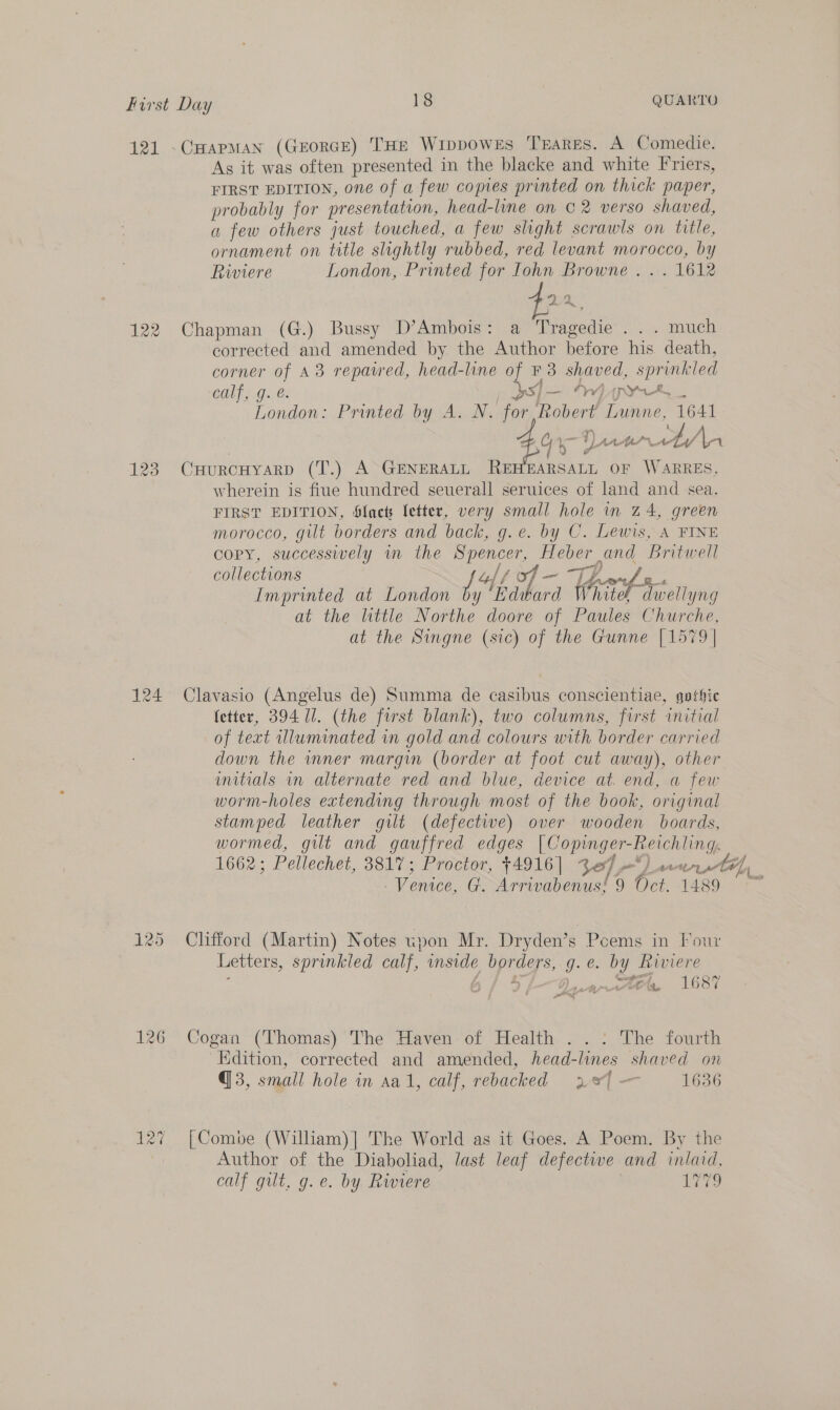 First Day 18 QUARTO 121 -CHapman (GrorRGE) THE WippowEs TrarEs. A Comedie. As it was often presented in the blacke and white Friers, FIRST EDITION, one of a few copies printed on thick paper, probably for presentation, head-line on © 2 verso shaved, a few others just touched, a few slight scrawls on title, ornament on title slightly rubbed, red levant morocco, by Riviere London, Printed for Iohn Browne . .. 1612 22 122 Chapman (G.) Bussy D’Ambois: a Tragedie . . . much corrected and amended by the Author before his death, corner of A38 repatred, head-line of #3 shaved, sprinkled calf, OTE as} —— y v) py London: Printed by A. N. for Robert Lunne, 1641 f ,— f | a0 Be £% a An : Yi AAfAS Vt Z 5 “ &amp; C ; ) , 123 CHuRCHYARD (T.) A GENERALL bt? oF WARRES, wherein is fiue hundred seuerall seruices of land and sea. FIRST EDITION, 6facts fetter, very small hole in 24, green morocco, gilt borders and back, g.e. by C. Lewis, A FINE copy, successively m the Spencer, Heber and Britwell collections gli — TZ. fa. Imprinted at London s ‘Rdiard Whitel dwellyng at the little Northe doore of Paules Churche, at the Singne (sic) of the Gunne [1579 | 124 Clavasio (Angelus de) Summa de casibus conscientiae, gothic fetter, 394 Ul. (the first blank), two columns, first initial of text illuminated in gold and colours with border carried down the inner margin (border at foot cut away), other initials in alternate red and blue, device at. end, a few worm-holes extending through most of the book, original stamped leather gilt (defective) over wooden boards, wormed, gilt and gauffred edges | Copinger-Reichling, Venice, G. Arrivabenus! 9 Oct. 1489 125 Clifford (Martin) Notes upon Mr. Dryden’s Pcems in Four Letters, sprinkled calf, inside borders, g.e. by Riviere pe’ te on a 6 8 4 126 Cogan (Thomas) The Haven of Health . . : The fourth Hdition, corrected and amended, head-lines shaved on @3, small hole in aal, calf, rebacked 2] — 1636 127 [Combe (William)] The World as it Goes. A Poem. By the Author of the Diaboliad, last leaf defective and inlaid, calf gilt, g.e. by Riviere Live