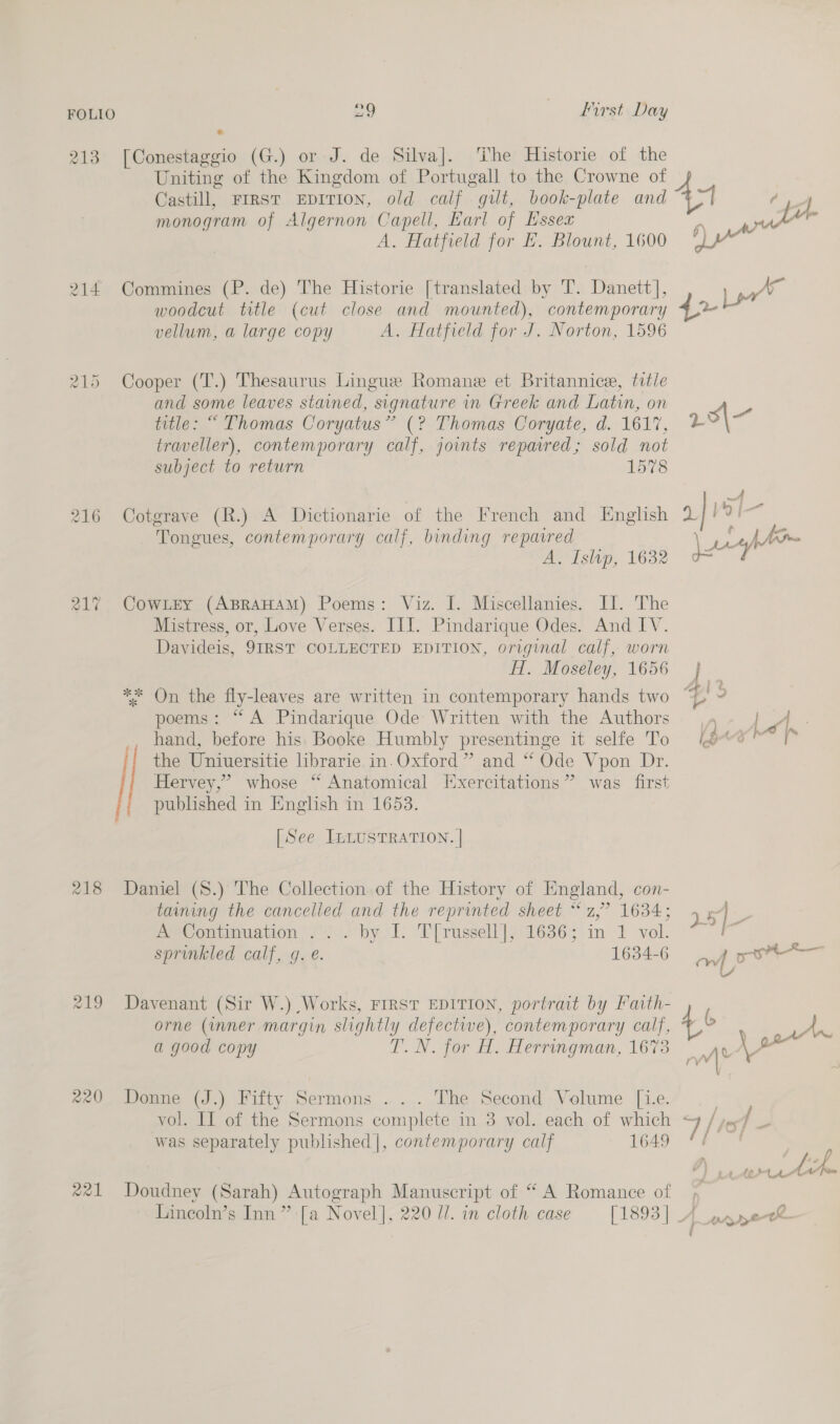 213 [Conestaggio (G.) or J. de Silva]. The Historie of the Uniting of the Kingdom of Portugall to the Crowne of Castill, FIRST EDITION, old calf ~ gilt, book-plate and 44 “HA monogram of Algernon Capell, Earl of Essex ? Foy a | A. Hatfield for E. Blount, 1600 ‘* 214 Commines (P. de) The Historie [translated by T. Danett], pe woodcut title (cut close and mounted), contemporary 42 vellum, a large copy A. Hatfield for J. Norton, 1596 ra) jk SU Cooper (T.) Thesaurus Lingue Romane et Britannice, title and some leaves stained, signature in Greek and Latin, on sd title: “ Thomas Coryatus” (? Thomas Coryate, d. 1617, 29\ traveller), contemporary calf, joints repaired; sold not subject to return 1578 4 216 Cotgrave (R.) A Dictionarie of the French and English 2] 11 Tongues, contemporary calf, binding repaired \u ile A. Islip, 1632 aye 217 Cowley (ABRAHAM) Poems: Viz. I. Miscellanies. II. The Mistress, or, Love Verses. III. Pindarique Odes. And IV. Davideis, 9IRST COLLECTED EDITION, original calf, worn H. Moseley, 1656 Jj ** On the fly-leaves are written in contemporary hands two ib 4 poems: “A Pindarique Ode Written with the Authors ,, hand, before his Booke Humbly presentinge it selfe To (eee | the Uniuersitie librarie in.Oxford ” and “‘ Ode Vpon Dr. Hervey,” whose “ Anatomical Exercitations” was first published in English in 1653. [See ILLUSTRATION. | 218 Daniel (S.) The Collection of the History of England, con- taming the cancelled and the reprinted sheet “2,” 1634; ) 5] , Peoomnmuaion \2 4. by) 1: i [rassell| 916386; in 1 vol. “ F sprinkled calf, g. e. 16346 pal ptt UL 219 Davenant (Sir W.) Works, First EDITION, portrait by Faith- orne (inner margin ay picks contemporary ae Ae a good copy TP. N. jor H. Herringman, 167: yrr* 20 Donne (J.) Fifty Sermons ... The Second Volume [i.e. vol. II of the Sermons complete in 3 vol. each of which mW! was separately published |, contemporary calf 1649 ¢E #21 Doudney (Sarah) Autograph Manuscript of “ A Romance of | Lincoln’s Inn ” [a Novel], 220 UW. in cloth case [1893] A_pypet?