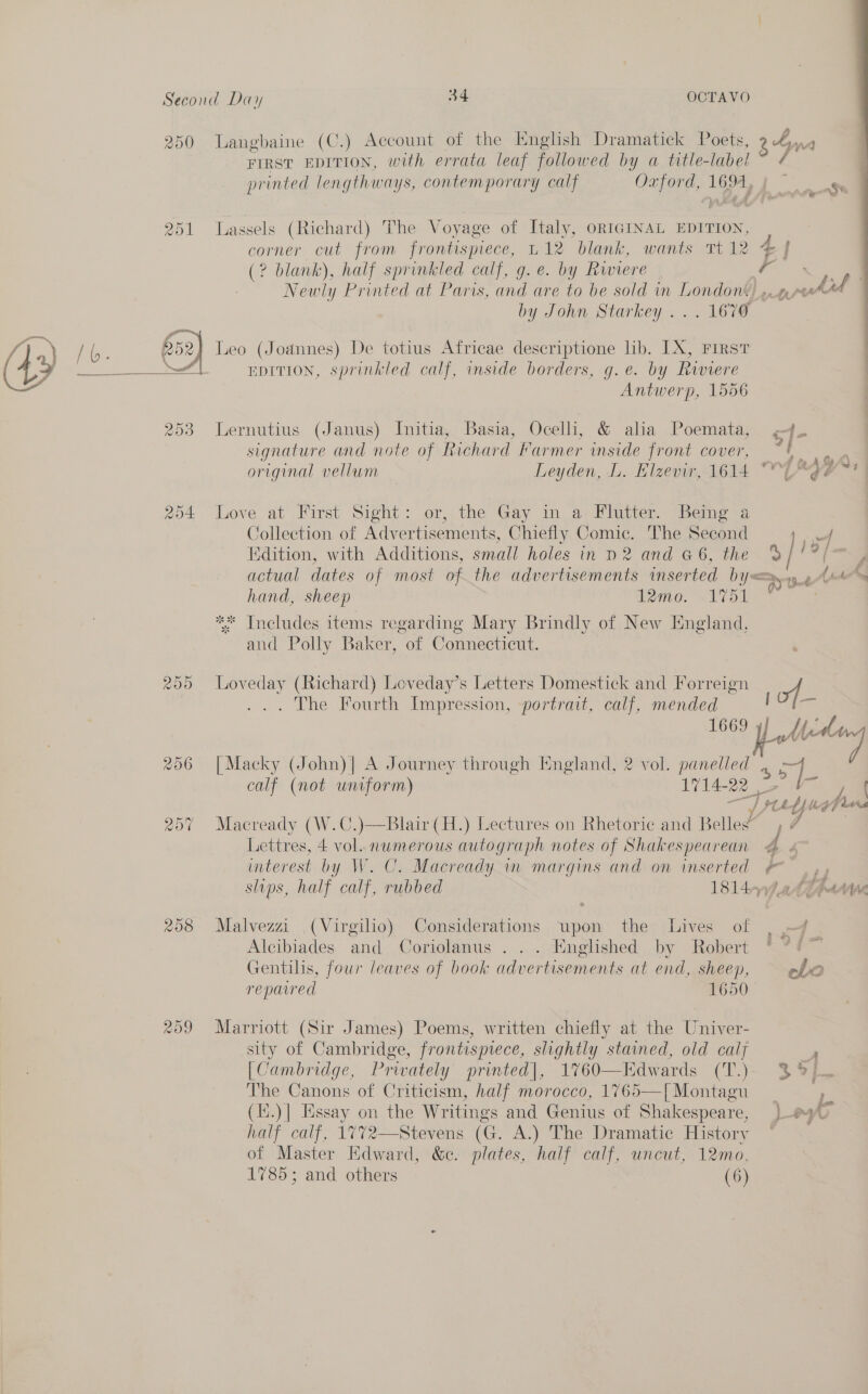 250 Langbaine (C.) Account of the English Dramatick Poets, 24n0 FIRST EDITION, with errata leaf followed by a title-label © ¢ printed lengthways, contemporary calf Oxford, 1694, 251 Lassels (Richard) The Voyage of Italy, ORIGINAL EDITION, corner cut from frontispiece, L12 blank, wants Tt 12 4 (? blank), half sprinkled calf, g.e. by Riviere se es Newly Printed at Paris, and are to be sold in London’) gt Aid by John Starkey ... 1670  dy) 652) Leo (Joannes) De totius Africae descriptione lib. LX, First 4, Serer 4G EDITION, sprinkled calf, inside borders, g.e. by Riviere Antwerp, 1556 253 Lernutius (Janus) Initia, Basia, Ocelli, &amp; aha Poemata, &lt;4. 7 signature and note of Richard Farmer inside front cover, Ce ey? &amp; 4 &amp; 4 original vellum Leyden, L. Elzevir, 1614 “4% 254 Love at First Sight: the Gay in a Flutter. Being a Collection of ak are Chiefly Comic. The Second fade Edition, with Additions, small holes in p2 and G6, the 3]! actual dates of most ofthe advertisements inserted by = 154 A sheng hand, sheep ine. &lt;i t | * Includes items regarding Mary Brindly of New England, and Polly Baker, of Connecticut. ‘ 255 Loveday (Richard) Loveday’s Letters Domestick and Forreign of The Fourth Impression, portrait, calf, mended | 1669 one 256 [Macky (John)| A Journey through Hngland, 2 vol. panelled Se &gt;] calf (not uniform) 1714- 22 - 2 _ 2 ¥ W 4 257 Macready (W.C.)—Blair(H.) Lectures on Rhetoric and Belles”, « Lettres, 4 vol. numerous autograph notes of Shakespearean 4 4 interest by W. C. Macready in margins and on inserted &amp; slips, half calf, rubbed 1814-44 ithe We 258 Malvezzi (Virgilio) Considerations upon the Lives of | —# Alcibiades and Coriolanus ... Englished by Robert * *# Gentilis, four leaves of book advertisements at end, sheep, clo repaired 1650 209 Marriott (Sir James) Poems, written chiefly at the Univer- sity of Cambridge, frontispiece, slightly stained, old calf iv [Cambridge, Prwately printed], 1760—KEdwards (T.)- 3%} The Canons of Criticism, half morocco, 1765—[Montagu is, (E.)| Essay on the Writings and Genius of Shakespeare, | ey half calf, 1772—Stevens (G. A.) The Dramatic History * of Master Edward, &amp;c. plates, half calf, uncut, 12mo, 1785; and others (6)
