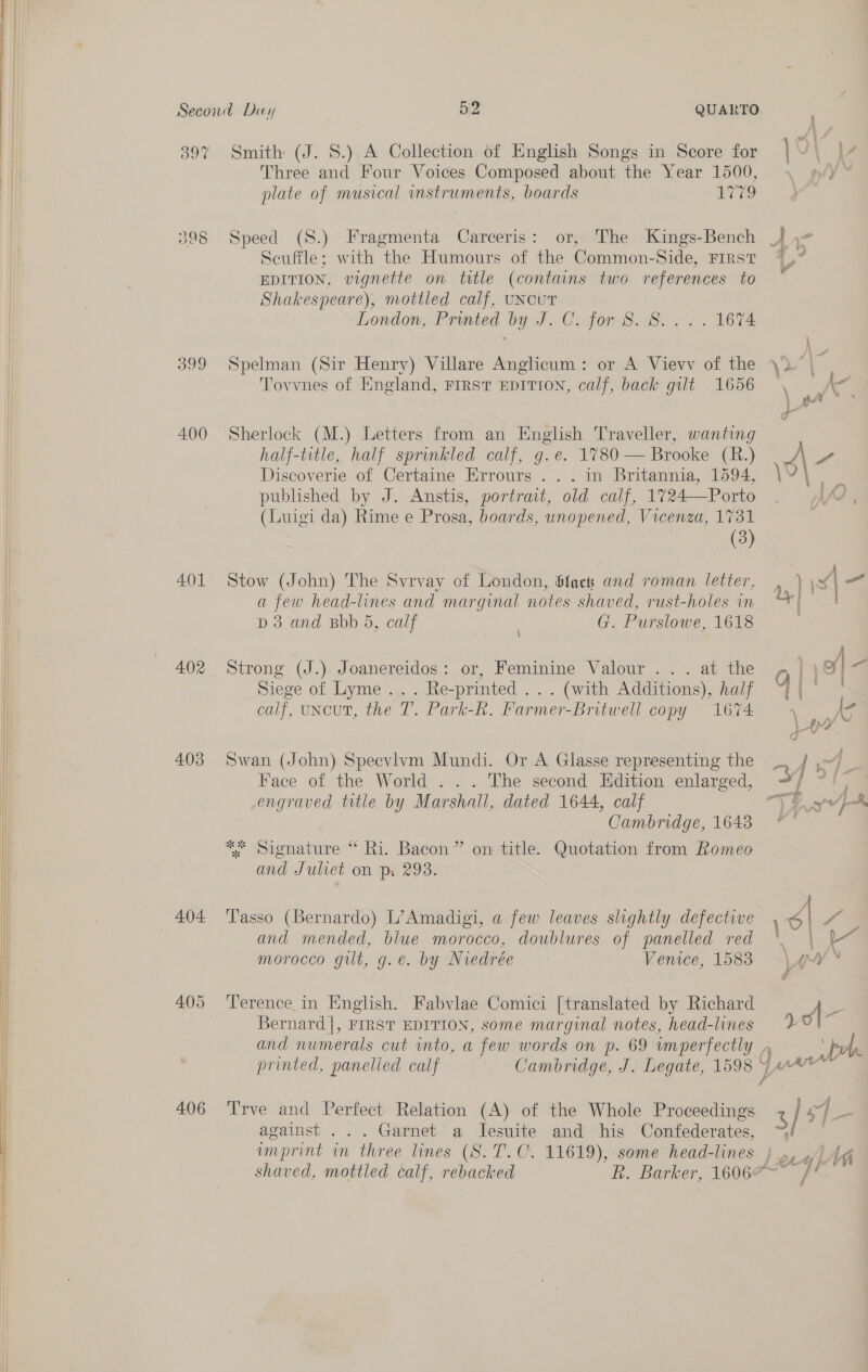   397 oe Yo) oe 399 400 401 402 403 404 405 4.06 Smith (J. 8.) A Collection of English Songs in Score for Three and Four Voices Composed about the Year 1500, plate of musical instruments, boards Tie Speed (S.) Fragmenta Carceris: or, The Kings-Bench Scuffle; with the Humours of the Common-Side, FIRST EDITION, vignette on title (contains two references to Shakespeare), mottled calf, UNCUT London, Printed by J.C. for 8. 8... . 1674 Spelman (Sir Henry) Villare Anglicum: or A Vievv of the Toyvnes of England, FIRST EDITION, calf, back gilt 1656 half-title, half sprinkled calf, g.e. 1780 — Brooke (R.) Discoverie of Certaine Errours ... in Britannia, 1594, published by J. Anstis, portrait, old calf, 1724—Porto (Luigi da) Rime e Prosa, boards, unopened, Vicenza, 1731 (3) Stow (John) The Svrvay of London, lack and roman letter, a few head-lines and marginal notes shaved, rust-holes in bd 3 and Bbb 5, calf G. Purslowe, 1618 Strong (J.) Joanereidos: or, Feminine Valour . . . at the Siege of Lyme... Re-printed .. . (with Additions), half calf, uNcuT, the T. Park-R. Parmer-Britwell copy 1674 Swan (John) Specvlvm Mundi. Or A Glasse representing the engraved title by Marshall, dated 1644, calf Cambridge, 16438 and Juliet on ps 298. Tasso (Bernardo) L’Amadigi, a few leaves slightly defective and mended, blue morocco, doublures of panelled red morocco gut, g.e. by Nredrée Venice, 1583 Terence in English. Fabvlae Comici [translated by Richard Bernard |, FIRST EDITION, some marginal notes, head-lines Trve and Perfect Relation (A) of the Whole Proceedings against . . . Garnet a Tesuite and his Confederates, shaved, mottled calf, rebacked )VV yy Mee , i ' aAs oe yl 3/#1-