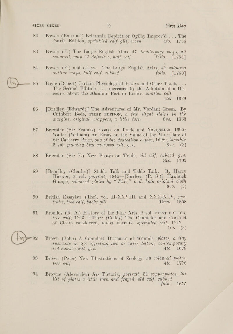 82 83 84 86 87 88 89 90 ot 93 94 Bowen (Emanuel) Britannia Depicta or Ogilby Improvw’d ... The fourth Edition, sprinkled calf gilt, worn Ato. 1756 Bowen (K.) The Large English Atlas, 47 double-page maps, all coloured, map 42 defective, half calf folio. [1756] Bowen (E.) and others. The Large English Atlas, ay coloured outline maps, half calf, rubbed folio. [1760] Boyle (Robert) Certain Physiological Essays and Other Tracts... The Second Edition . . . increased by the Addition of a Dis- course about the Absolute Rest in Bodies, mottled calf . 4to. 1669 [Bradley (Edward) | The Adventures of Mr. Verdant Green. By Cuthbert Bede, FIRST EDITION, a few slight stains in the margins, original wrappers, a little torn 8vo. 1853 Brewster (Sir Francis) Essays on Trade and Navigation, 1695; Waller (William) An Essay on the Value of the Mines late of Sir Carberry Price, one of the dedication copies, 1698; together 2 vol. panelled blue morocco gilt, g. é. 8v0. (2) Brewster (Sir F.) New Essays on Trade, old calf, rubbed, g. e. 8vo. 1702 [Brindley (Charles)| Stable Talk and Table Talk. By Harry Hieover, 2 vol. portrait, 1845—[Surtees (R. S.)] Hawbuck Grange, coloured plates by “ Phiz,’ n.d. both original cloth 8vo. (3) British Essayists (The), vol. II-XXVIII and XXX-XLV, por- traits, tree calf, backs gilt 12mo. 1808 Bromley (R. A.) History of the Fine Arts, 2 vol. FIRST EDITION, tree calf, 1793—Cibber (Colley) The Character and Conduct of Cicero considered, FIRST EDITION, sprinkled calf, 1747 Ato. (3) Brown (John) A Compleat Discourse of Wounds, plates, a tiny rust-hole in Q3 affecting two or three letters, contemporary red moroco gilt, g. é. AO. OS Brown (Peter) New Illustrations of Zoology, 50 coloured plates, tree calf 4to. 1776 Browne (Alexander) Ars Pictoria, portrait, 31 copperplates, the list of plates a little torn and frayed, old calf, rubbed folio. 1675