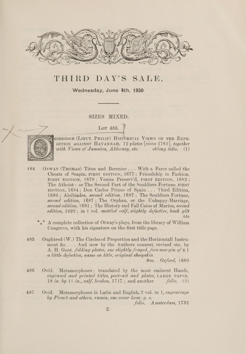  SIZES MIXED. if Lor 483. SOyRspripee (Lieut. Pvp) Hisibricat, Views or THE Expr. MW DITION AGAINST HAVANNAH, 12 plates [circa 1762], together | with Views of Jamaica, Alderney, ete. oblong folio. (1) E| fai} |   484 Orway (Tuomas) Titus and Berenice... With a Farce called the Cheats of Scapin, FIRST EDITION, 1677; Friendship in Fashion, FIRST EDITION, 1678; Venice Preserv’d, FIRST EDITION, 1682; The Atheist: or The Second Part of the Souldiers Fortune, FIRST EDITION, 1684; Don Carlos Prince of Spain... ‘Third Edition, 1686 ; Alcibiades, second edition, 1687 ; The Souldiers Fortune, second edition, 1687; The Orphan, or the Unhappy-Marriage, second edition, 1691; The History and Fall Caius of Marius, second edition, 1692; in | vol. mottled calf, slightly defective, back gilt 4to x A complete collection of Otway’s plays, from the library of William Congreve, with his signature on the first title-page. 485 Oughtred (W.) The Circles of Proportion and the Horizontall Instru- ment &amp;c.... And now by the Authors consent, revised etc. by A. H. Gent. folding plates, one slightly frayed, fore-margin of © 1 a little defective, name on title, original sheepskin 8v0. Oxford, 1660 486 Ovid. Metamorphoses; translated by the most eminent Hands, engraved and printed titles, portrait and plates, LARGE PAPER, 18 in. by 11 in., calf, broken, 1717 ; and another Solio. (2) 487 Ovid. Metamorphoses in Latin and English, 2 vol. in 1, engravings by Picart and others, russia, one cover loose, g. é. folio. Amsterdam, 1732