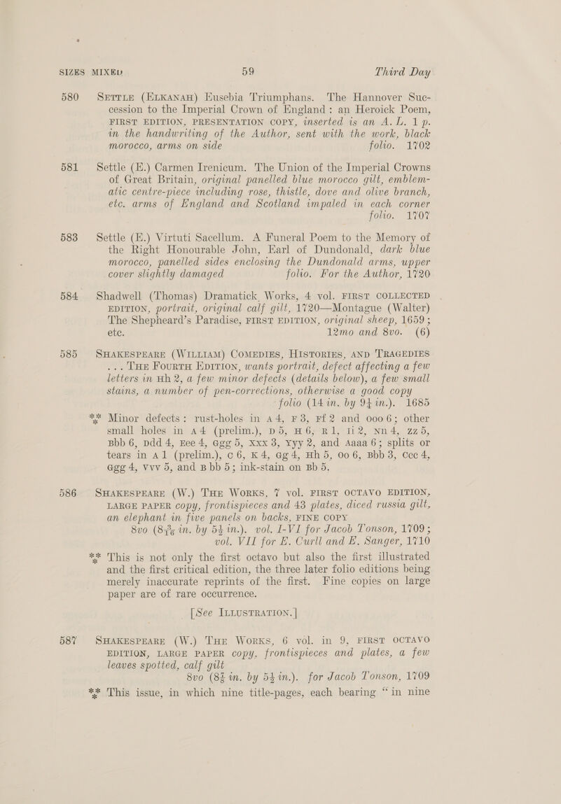 580 SETTLE (HLKANAH) Husebia Triumphans. The Hannover Suc- cession to the Imperial Crown of England: an Heroick Poem, FIRST EDITION, PRESENTATION COPY, inserted 1s an A. L. 1 p. in the handwriting of the Author, sent with the work, black morocco, arms on side folso... 1702 581 Settle (H.) Carmen Ivenicum. The Union of the Imperial Crowns of Great Britain, original panelled blue morocco gilt, emblem- atic centre-piece including rose, thistle, dove and olive branch, etc. arms of England and Scotland impaled in each corner fouo. 170 583 Settle (H.) Virtuti Sacellum. A Funeral Poem to the Memory of the Right Honourable John, Earl of Dundonald, dark blue morocco, panelled sides enclosing the Dundonald arms, upper cover slightly damaged folio. For the Author, 1720 584 Shadwell (Thomas) Dramatick. Works, 4 vol. FIRST COLLECTED EDITION, portrait, original calf gilt, 1720—Montague (Walter) The Shepheard’s Paradise, FIRST EDITION, original sheep, 1659 ; etc. 12mo and 8vo. (6) 585 SHAKESPEARE (WILLIAM) CoMEDIES, HisTortIEs, AND TRAGEDIES ... THe FourtH Epition, wants portrait, defect affecting a few letters in Hh 2, a few minor defects (details below), a few small stains, a number of pen-corrections, otherwise a good copy folio (14 im. by 941n.). 1685 ** Minor defects: rust-holes in a4, F3, F£2 and 0006; other small holes in 44 (prelim.), Ds, H 6; R1, 112, Nn4, 225, Bbb 6, Ddd 4, Eee 4, Ggg 5, xxx 8, Yyy 2, and Aaaa 6; splits or tears in Al (prelim.), co 6, K4, gg 4, Hh 5, 006, Bbb 3, Ccc 4, agg 4, vvv 5, and B bb 5; ink-stain on Bb 5. 586 SHAKESPEARE (W.) THE WoRKS, 7 vol. FIRST OCTAVO EDITION, LARGE PAPER copy, frontispieces and 48 plates, diced russia gilt, an elephant in fwe panels on backs, FINE COPY 8vo (83's in. by 5$1n.). vol. I-VI for Jacob Tonson, 1709 ; vol. VII for E. Curll and E, Sanger, 1710 ** This is not only the first octavo but also the first illustrated and the first critical edition, the three later folio editions being merely inaccurate reprints of the first. Fine copies on large paper are of rare occurrence. [See ILLUSTRATION. | 58? SHAKESPEARE (W.) THE Works, 6 vol. in 9, FIRST OCTAVO EDITION, LARGE PAPER copy, frontispieces and plates, a few leaves spotted, calf gilt 8vo (SE in. by 541n.). for Jacob Tonson, 1709 ** This issue, in which nine title-pages, each bearing “in nine