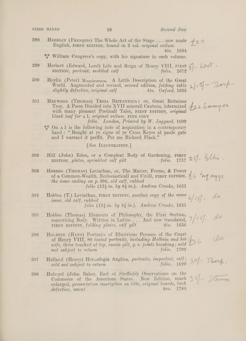 298 HepEnIn (Francois) The Whole Art of the Stage... now made #» © English, FIRST EDITION, bownd in 2 vol. original vellum a 4to, 1684 *; William Congreve’s copy, with his signature in each volume. 299 Herbert (Hdward, Lord) Life and Reign of Henry VIII, First ry. Lah EDITION, portrait, mottled calf folio. 1672 | 300 Heylin (Peter) Mixpéxoopos. A Little Description of the Great P = / World. Augmented and revised, second edition, folding table 9. | ey perry slightly defective, original calf 4to. Ozford, 1625 301. Herywoop (THomas) Tro1a BRITANNICA: or, Great Britaines Troy. A Poem Diuided into X VII seuerall Cantons, intermixed 42 b Souy tM with many pleasant Poeticall Tales, FIRST EDITION, original blank leaf for a1, original vellum, FINE COPY folio. London, Printed by W. Jaggard, 1609 ** On Al is the following note of acquisition in a contemporary hand: “ Bought at ye signe of ye Cross Keyes at paule gate and I warrant it perffit. Per me Richard Flack.” [See ILLUSTRATION. | 302 Hill (John) Eden, or a Compleat Body of Gardening, FIRST _ 4 EDITION, plates, sprinkled calf gilt fouo. 1757 23): 303 Hosses (THomAS) Leviathan, or, The Matter, Forme, &amp; Power J of a Common-Wealth, Ecclesiasticall and Civill, FIRST EDITION, * 4 ~~ an ys the wsue ending on p. 396, old calf, rubbed folio (124 im. by 841n.). Andrew Crooke, 1651 304 Hobbes (T.) Leviathan, Frrsr EDITION, another copy of the samé , / 4 tn issue, old calf, rubbed if Bes folio (124 in. by 841m.). Andrew Crooke, 1651 305 Hobbes (Thomas) Elements of Philosophy, the First Section, _ / _, concerning Body. Written in Latine ... And now translated, q / 9} ; FIRST EDITION, folding plates, calf gilt 4to. 1656 306 Horsern (Hans) Portraits of Llustrious Persons of the Court , . of Henry VIII, 80 tinted portraits, including Holbein and his $n ( fo wife, three touched at top, russia gilt, g. e. joints breaking ; sold t-~ ~ not subject to return folio. 1792 307 Holland (Henry) Herwologia Anglica, portraits, imperfect, cll: aad. 7 Lei f sold not subject to return folto. 1620 ; | ; 308 Holroyd (John Baker, Earl of Sheffield) Observations on the _, Commerce of the American States. New Edition, much ‘ 5/ ee” enlarged, presentation inscription on title, original boards, back defective, uncut 8vo. 1784