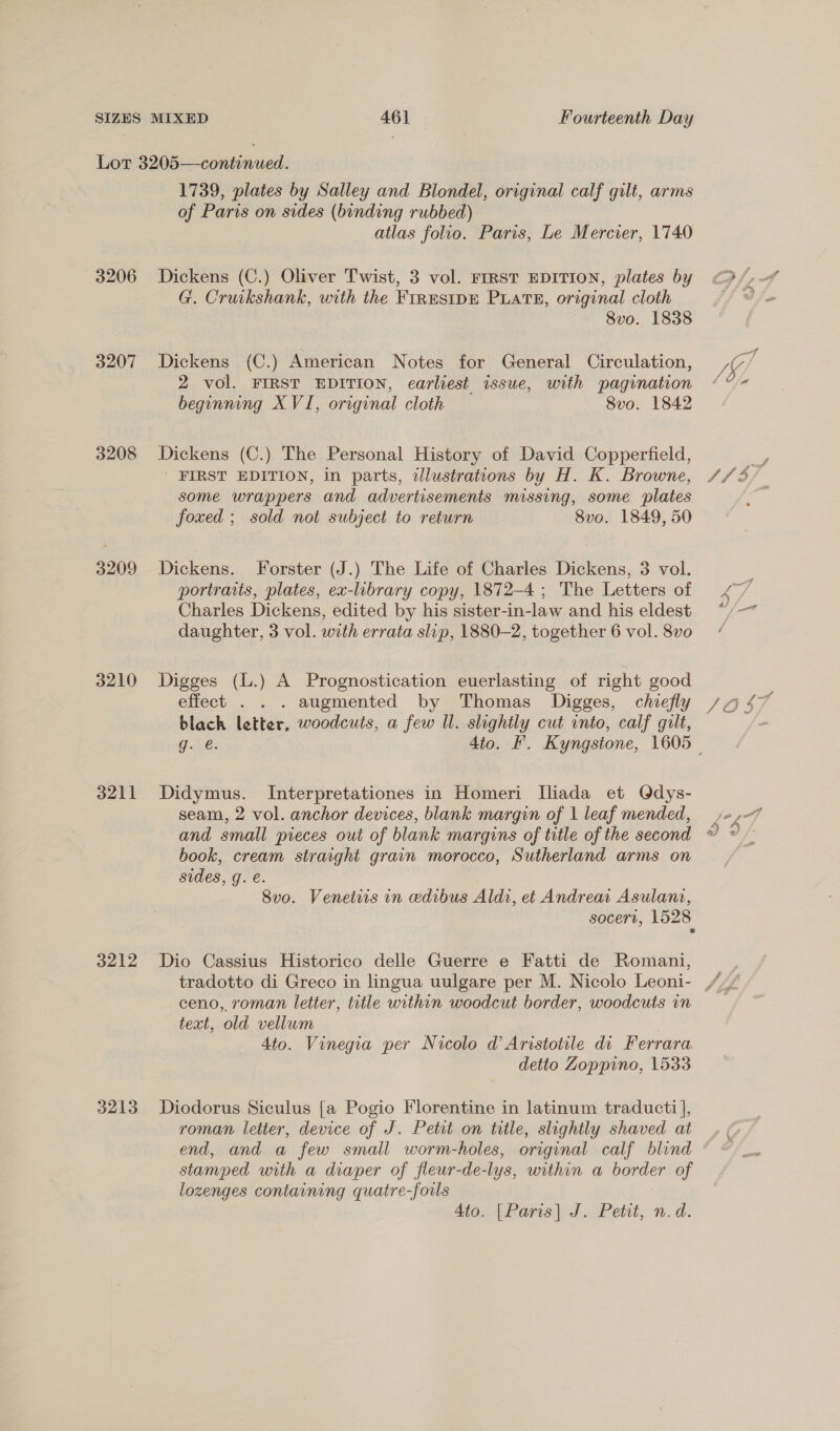 3206 3207 3208 3209 3210 3211 3212 3213 1739, plates by Salley and Blondel, original calf gilt, arms of Paris on sides (binding rubbed) atlas folio. Paris, Le Mercier, 1740 Dickens (C.) Oliver Twist, 3 vol. FIRST EDITION, plates by G. Cruikshank, with the FiRESIDE PLATE, original cloth 8vo. 1838 Dickens (C.) American Notes for General Circulation, 2 vol. FIRST EDITION, earliest issue, with pagination beginning X VI, original cloth 8vo. 1842 Dickens (C.) The Personal History of David Copperfield, FIRST EDITION, in parts, alustrations by H. K. Browne, some wrappers and advertisements missing, some plates foxed ; sold not subject to return 8vo. 1849, 50 Dickens. Forster (J.) The Life of Charles Dickens, 3 vol. portraits, plates, ex-library copy, 1872-4; The Letters of Charles Dickens, edited by his sister-in-law and his eldest daughter, 3 vol. with errata slip, 1880-2, together 6 vol. 8vo Digges (L.) A Prognostication euerlasting of right good effect . . . augmented by Thomas Digges, chiefly black letter, woodcuts, a few ll. slightly cut into, calf gilt, Didymus. Interpretationes in Homeri [liada et Qdys- seam, 2 vol. anchor devices, blank margin of 1 leaf mended, book, cream straight grain morocco, Sutherland arms on sides, g. €. 8vo. Venetiis in edibus Aldi, et Andrea Asulani, socert, 1528 Dio Cassius Historico delle Guerre e Fatti de Romani, ceno, roman letter, title within woodcut border, woodcuts in text, old vellum Ato. Vinegia per Nicolo d’ Aristotle di Ferrara. detto Zoppino, 1533 Diodorus Siculus [a Pogio Florentine in latinum traducti ], roman letter, device of J. Petit on title, slightly shaved at end, and a few small worm-holes, original calf blind stamped with a diaper of fleur-de-lys, within a border of lozenges containing quatre-foils 4to. [Paris] J. Petit, n.d. # SP Of