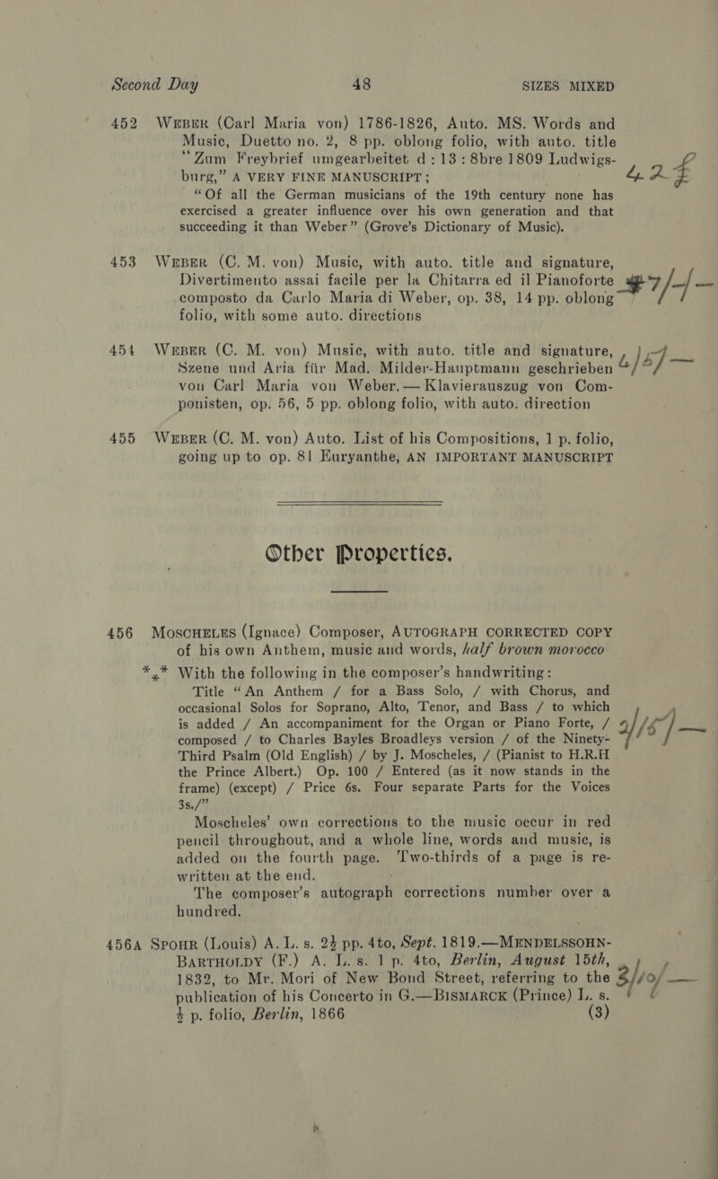 452 WerpeEr (Carl Maria von) 1786-1826, Auto. MS. Words and Music, Duetto no. 2, 8 pp. oblong folio, with auto. title “Zum Freybrief umgearbeitet d:13:8bre 1809 Ludwigs- | ( burg,” A VERY FINE MANUSCRIPT ; 4A ra “Of all the German musicians of the 19th century none has exercised a greater influence over his own generation and that succeeding it than Weber” (Grove’s Dictionary of Music). 453 Werper (C. M. von) Music, with auto. title and signature, Divertimento assai facile per la Chitarra ed il Pianatorte ae aa - composto da Carlo Maria di Weber, op. 38, 14 pp. oblong folio, with some auto. directions 454 Weber (C. M. von) Music, with auto. title and signature, ool . Szene und Avia fiir Mad. Milder-Hauptmann geschrieben u)47— von Carl Maria von Weber. — Klavierauszug von Com- ponisten, op. 56, 5 pp. oblong folio, with auto. direction 455 Weber (C. M. von) Auto. List of his Compositions, 1 p. folio, going up to op. 81 EKuryanthe, AN IMPORTANT MANUSCRIPT Other Properties, 456 MoscHEus (Ignace) Composer, AUTOGRAPH CORRECTED COPY of his own Anthem, music and words, half brown morocco *,* With the following in the composer’s handwriting : Title “An Anthem / for a Bass Solo, / with Chorus, and occasional Solos for Soprano, Alto, Tenor, and Bass / to which is added / An accompaniment for the Organ or Piano Forte, / ig composed / to Charles Bayles Broadleys version / of the Ninety- 2), Third Psalm (Old English) / by J. Moscheles, / (Pianist to H.R. the Prince Albert.) Op. 100 / Entered (as it now stands in the frame) (except) / Price 6s. Four separate Parts for the Voices 38,77 Moscheles’ own corrections to the music occur in red pencil throughout, and a whole line, words and music, is added on the fourth page. ‘Two-thirds of a page is re- written at the end. The composer’s autograph corrections number over a hundred, 456A SpourR (Louis) A. L. s. 24 pp. 4to, Sept. 1819.—MENDELSSOHN- Bartuotpy (F.) A. L.s. 1 p. 4to, Berlin, August 15th, - 1832, to Mr. Mori of New Bond Street, referring to the j40f —— publication of his Concerto in G.—BisMARCK (Prince) L.s. ' ¢ 4 p. folio, Berlin, 1866 (3) a a