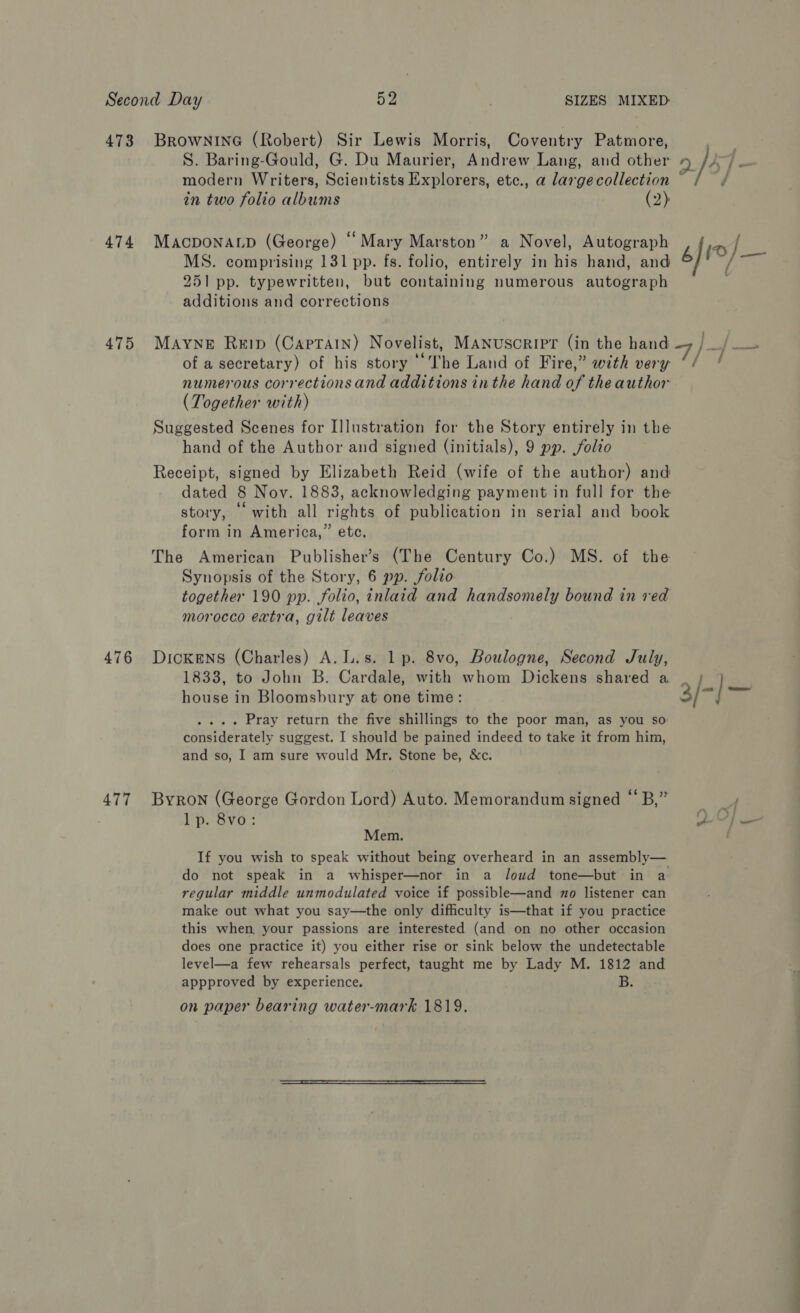 473 BROWNING (Robert) Sir Lewis Morris, Coventry Patmore, S. Baring-Gould, G. Du Maurier, Andrew Lang, and other 4 //7/ — modern Writers, Scientists Explorers, etc., a largecollection © in two folio albums (2) 474 MAcpoNALp (George) “Mary Marston” a Novel, Autograph , o/ MS. comprising 131 pp. fs. folio, entirely in his hand, and 6]! pags 251 pp. typewritten, but containing numerous autograph additions and corrections 475 MAyYNeE Reip (Captain) Novelist, MANUSCRIPT (in the hand — |. Puss of a secretary) of his story “The Land of Fire,” with very ‘/ numerous corrections and additions inthe hand of the author (Together with) Suggested Scenes for Illustration for the Story entirely in the hand of the Author and signed (initials), 9 pp. folio Receipt, signed by Elizabeth Reid (wife of the author) and dated 8 Nov. 1883, acknowledging payment in full for the story, ‘with all rights of publication in serial and book form in America,” etc, The American Publisher’s (The Century Co.) MS. of the Synopsis of the Story, 6 pp. folio together 190 pp. folio, inlaid and peiattaai Cae bound in red morocco extra, gilt leaves 476 Dickens (Charles) A.L.s. 1p. 8vo, Boulogne, Second July, 1833, to John B. Cardale, with whom Dickens shared a ._ } house in Bloomsbury at one time: 3/- pat . Pray return the five shillings to the poor man, as you so considerately suggest. I should be pained indeed to take it from him, and so, I am sure would Mr. Stone be, &amp;c. 477 Byron (George Gordon Lord) Auto. Memorandum signed “B,” pean: LY] — Mem. ; If you wish to speak without being overheard in an assembly—. do not speak in a whisper—nor in a /Joud tone—but in a regular middle unmodulated voice if possible—and zo listener can make out what you say—the only difficulty is—that if you practice this when your passions are interested (and on no other occasion does one practice it) you either rise or sink below the undetectable level—a few rehearsals perfect, taught me by Lady M. 1812 and appproved by experience. B. on paper bearing water-mark 1819. 